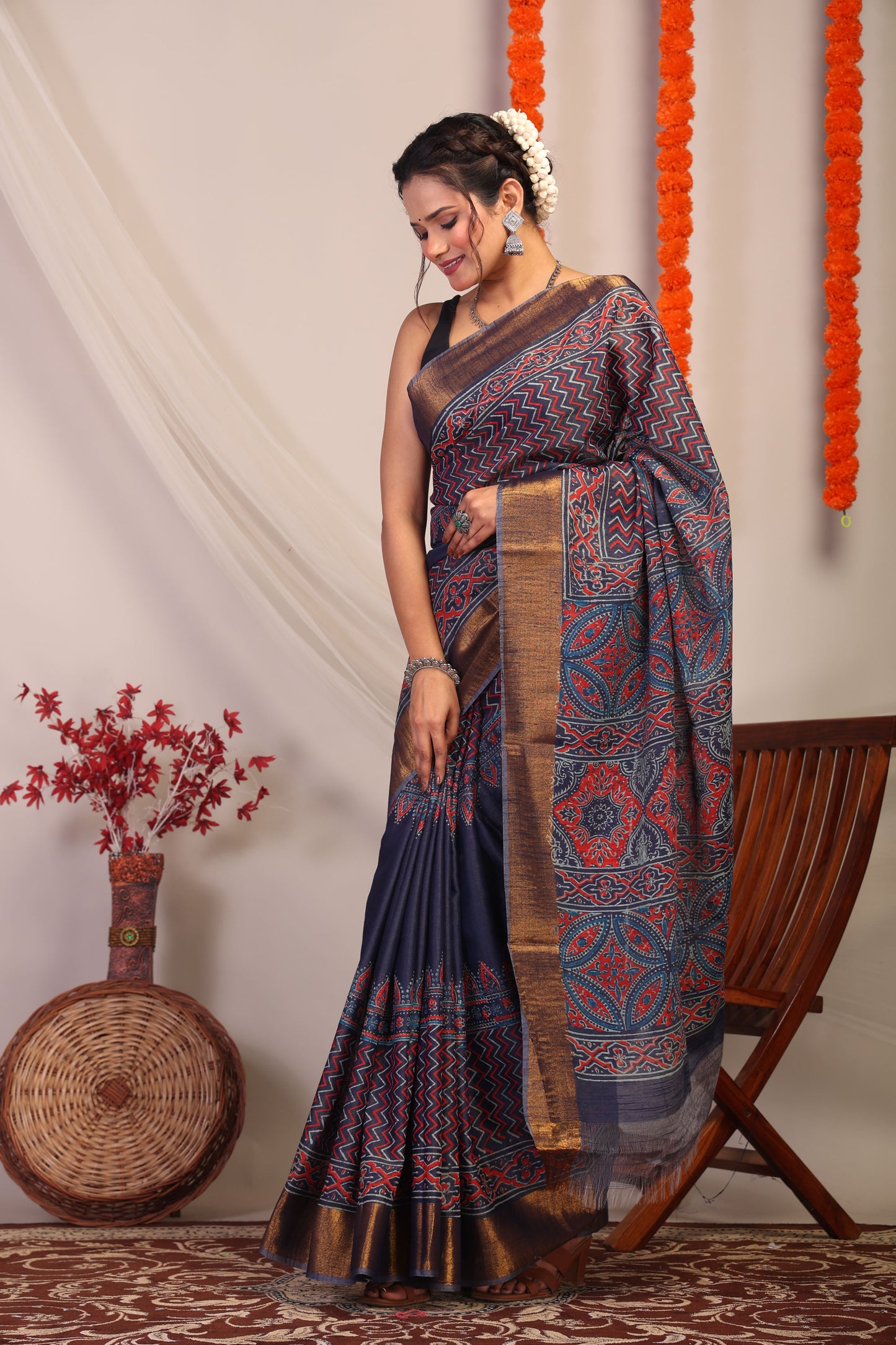 Anuttara Bhagalpuri Navy Blue Cotton Silk Zig-Zag/Ajrakh Saree with Unstitched Blouse_AFS1177-FS