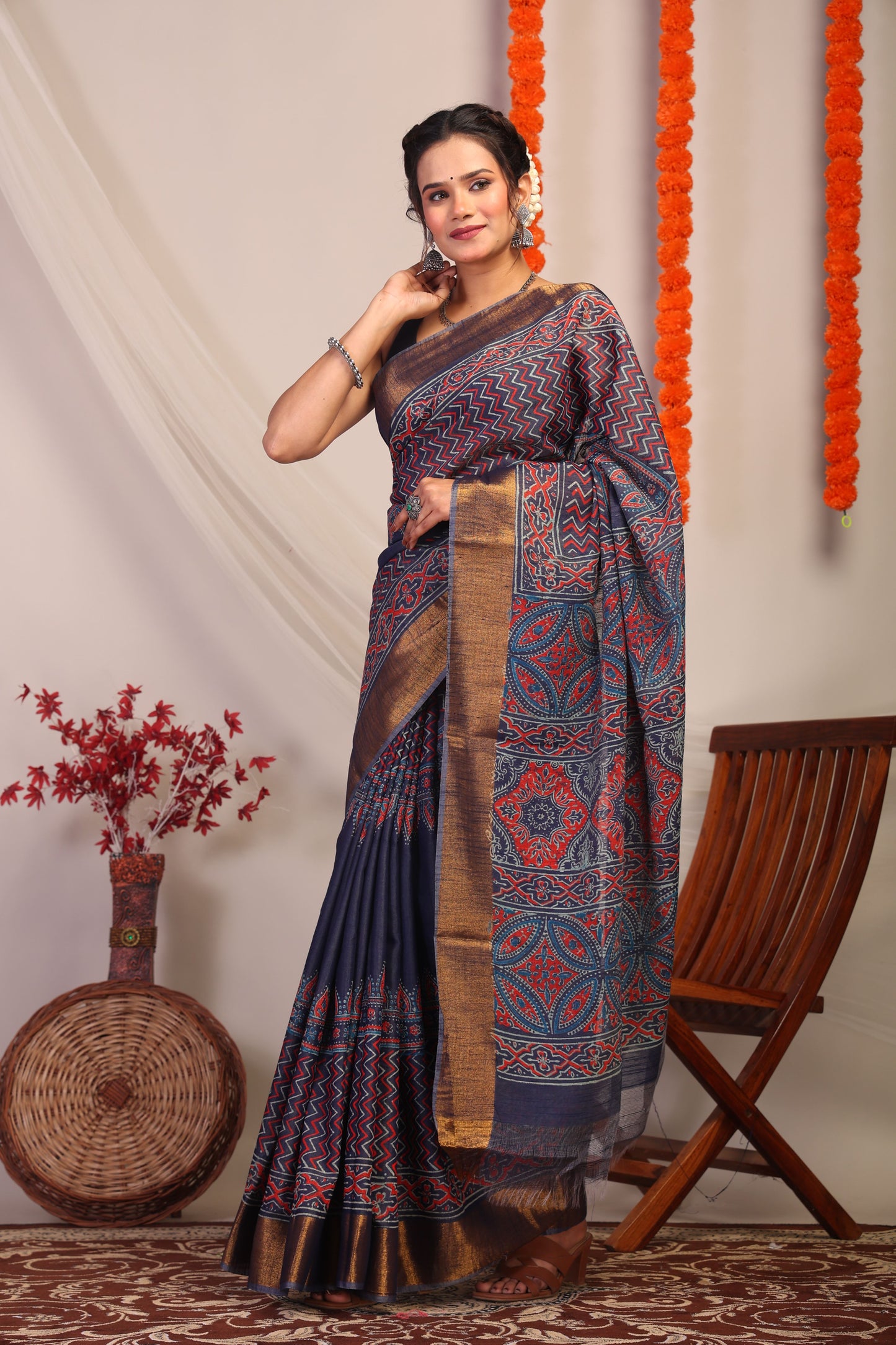 Anuttara Bhagalpuri Navy Blue Cotton Silk Zig-Zag/Ajrakh Saree with Unstitched Blouse_AFS1177-FS