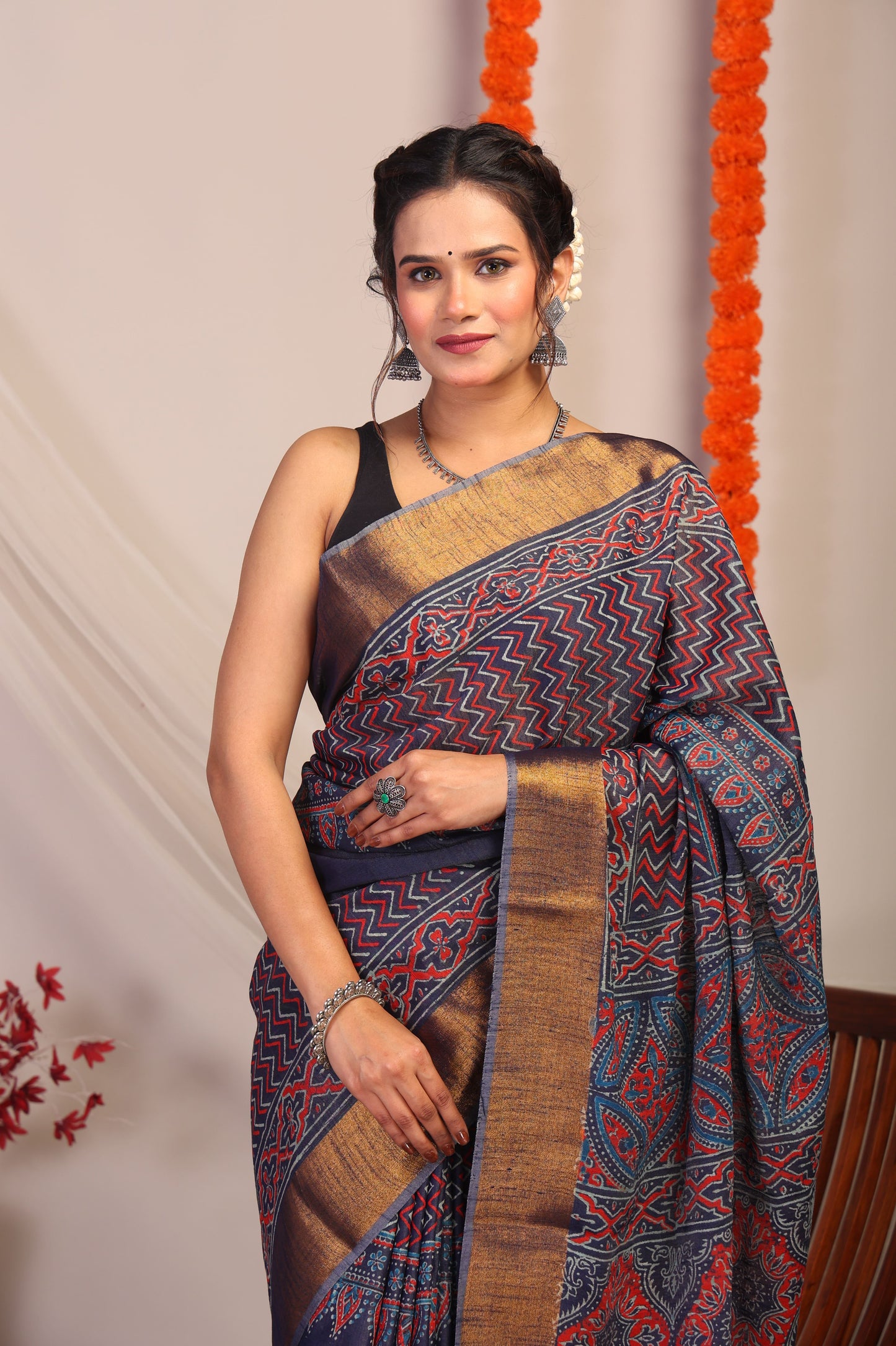 Anuttara Bhagalpuri Navy Blue Cotton Silk Zig-Zag/Ajrakh Saree with Unstitched Blouse_AFS1177-FS