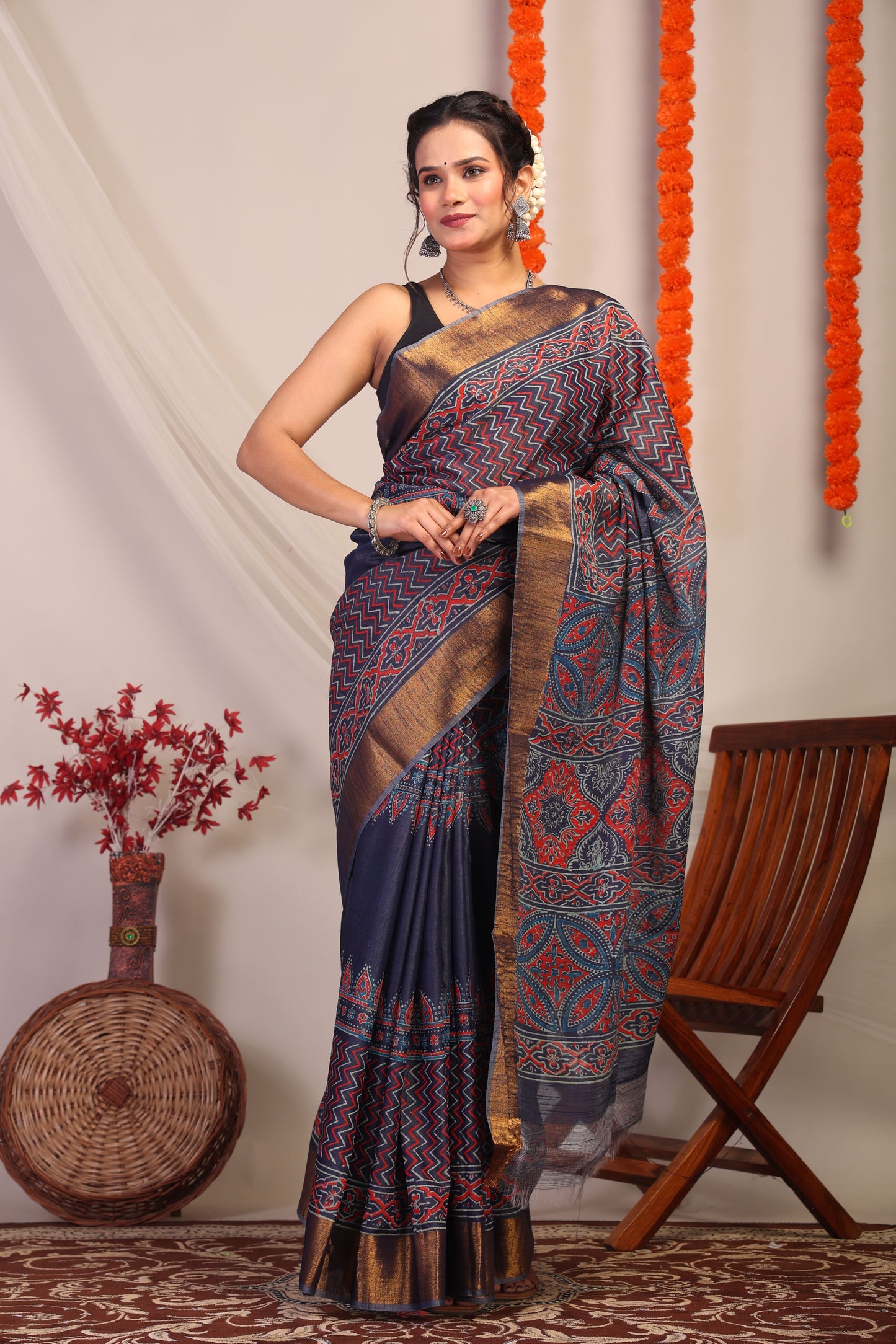Anuttara Bhagalpuri Navy Blue Cotton Silk Zig-Zag/Ajrakh Saree with Unstitched Blouse_AFS1177-FS