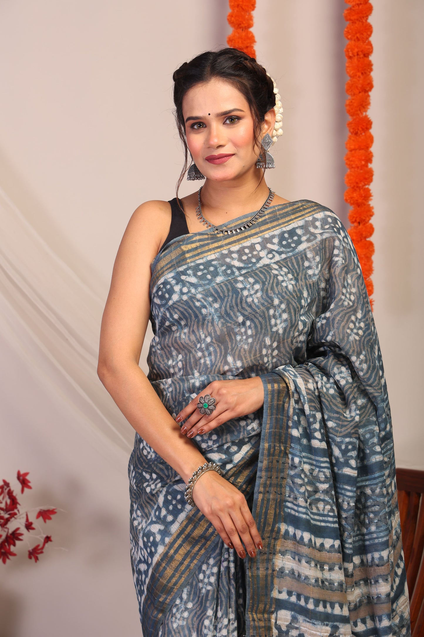 Anuttara Bhagalpuri Stone Blue Cotton Silk Chevron/Floral Saree with Unstitched Blouse_AFS1178-FS