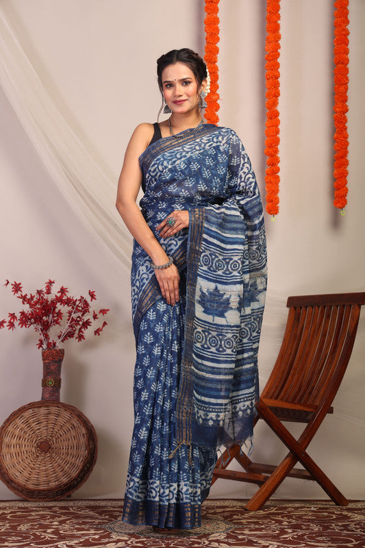 Anuttara Bhagalpuri Indigo Blue Cotton Silk Floral/Stripe Saree with Unstitched Blouse_AFS1179-FS