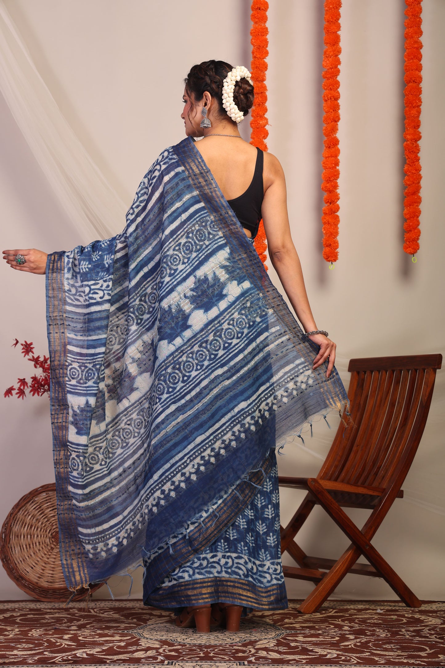 Anuttara Bhagalpuri Indigo Blue Cotton Silk Floral/Stripe Saree with Unstitched Blouse_AFS1179-FS
