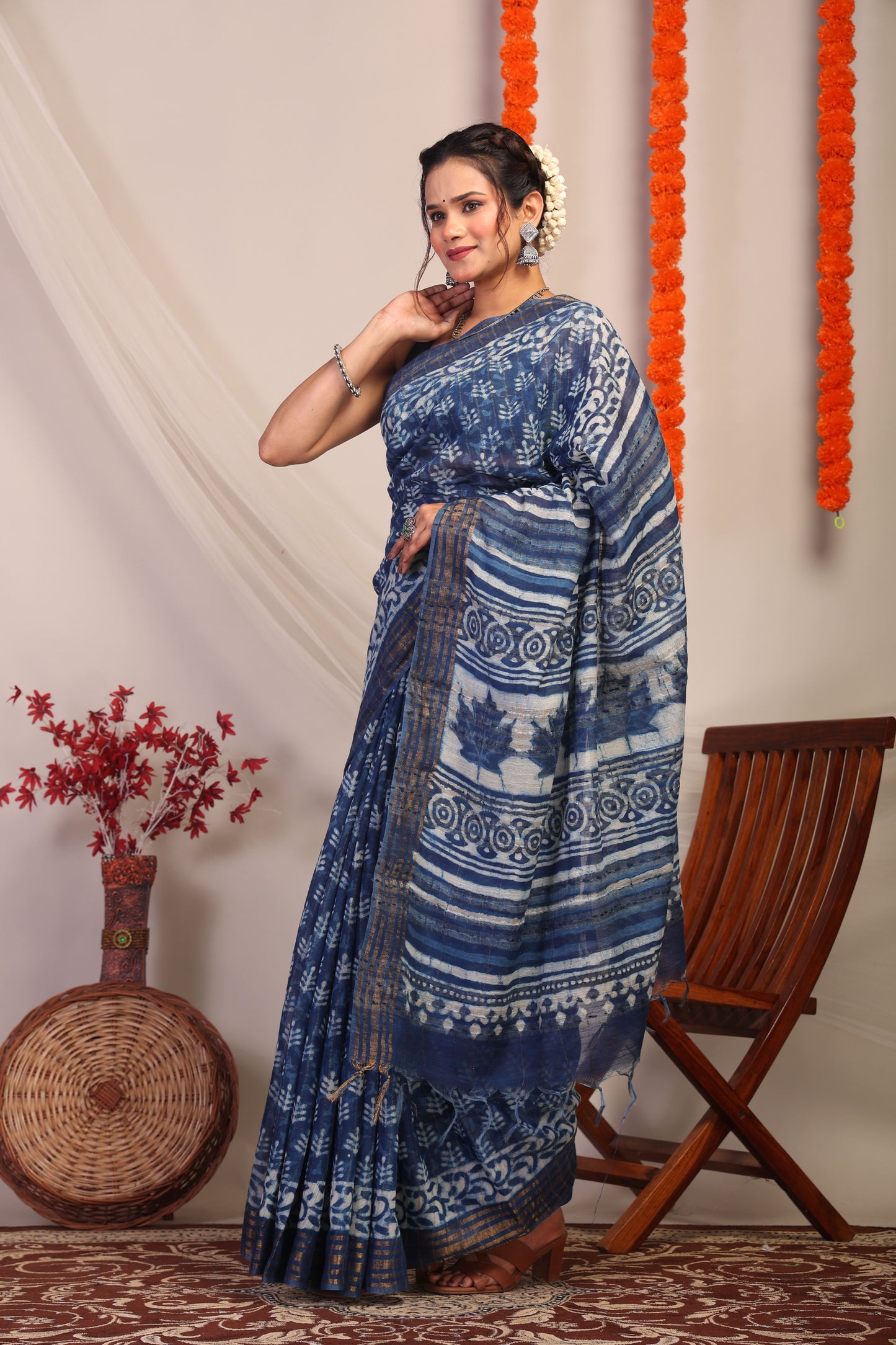 Anuttara Bhagalpuri Indigo Blue Cotton Silk Floral/Stripe Saree with Unstitched Blouse_AFS1179-FS