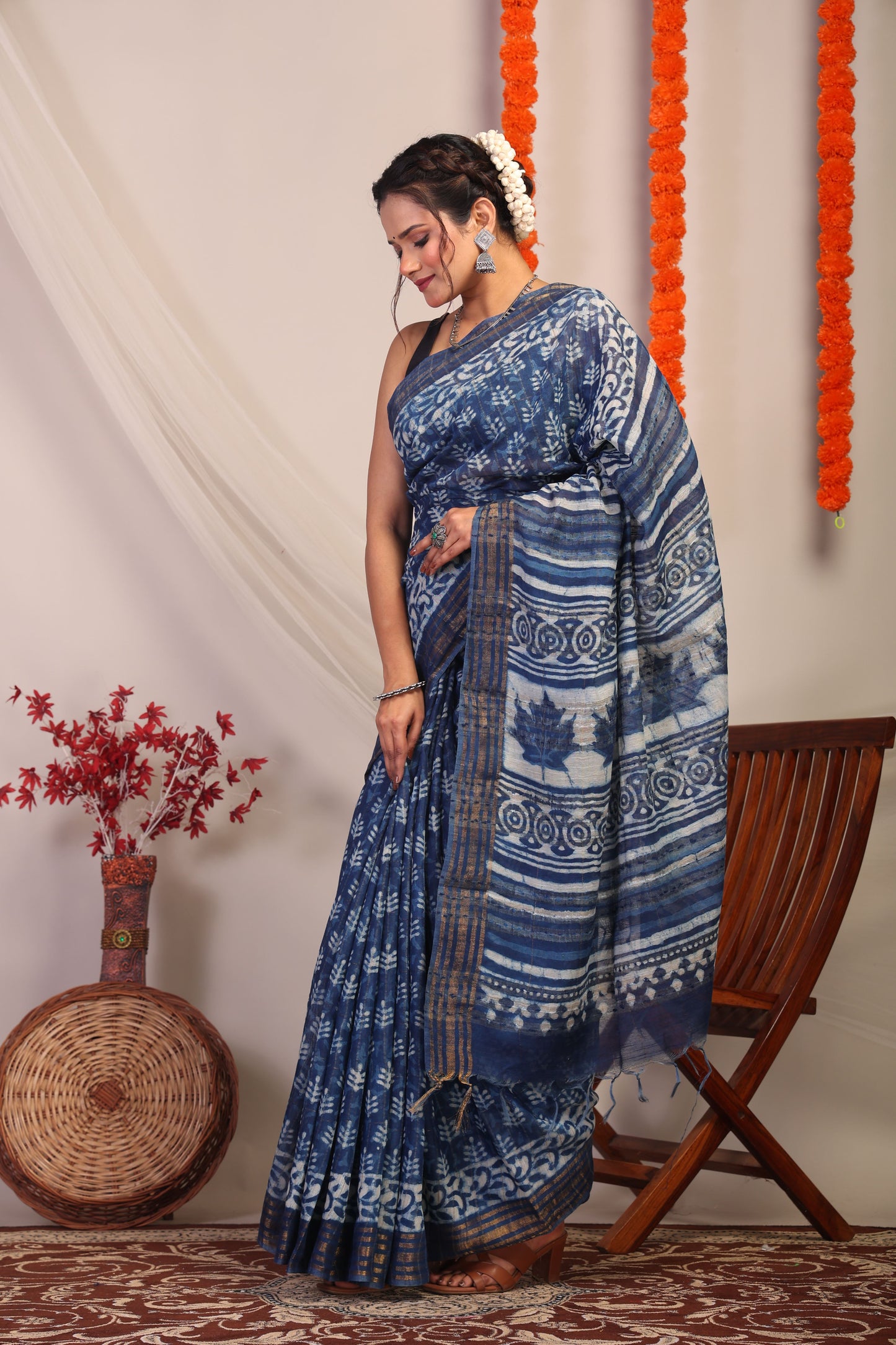 Anuttara Bhagalpuri Indigo Blue Cotton Silk Floral/Stripe Saree with Unstitched Blouse_AFS1179-FS