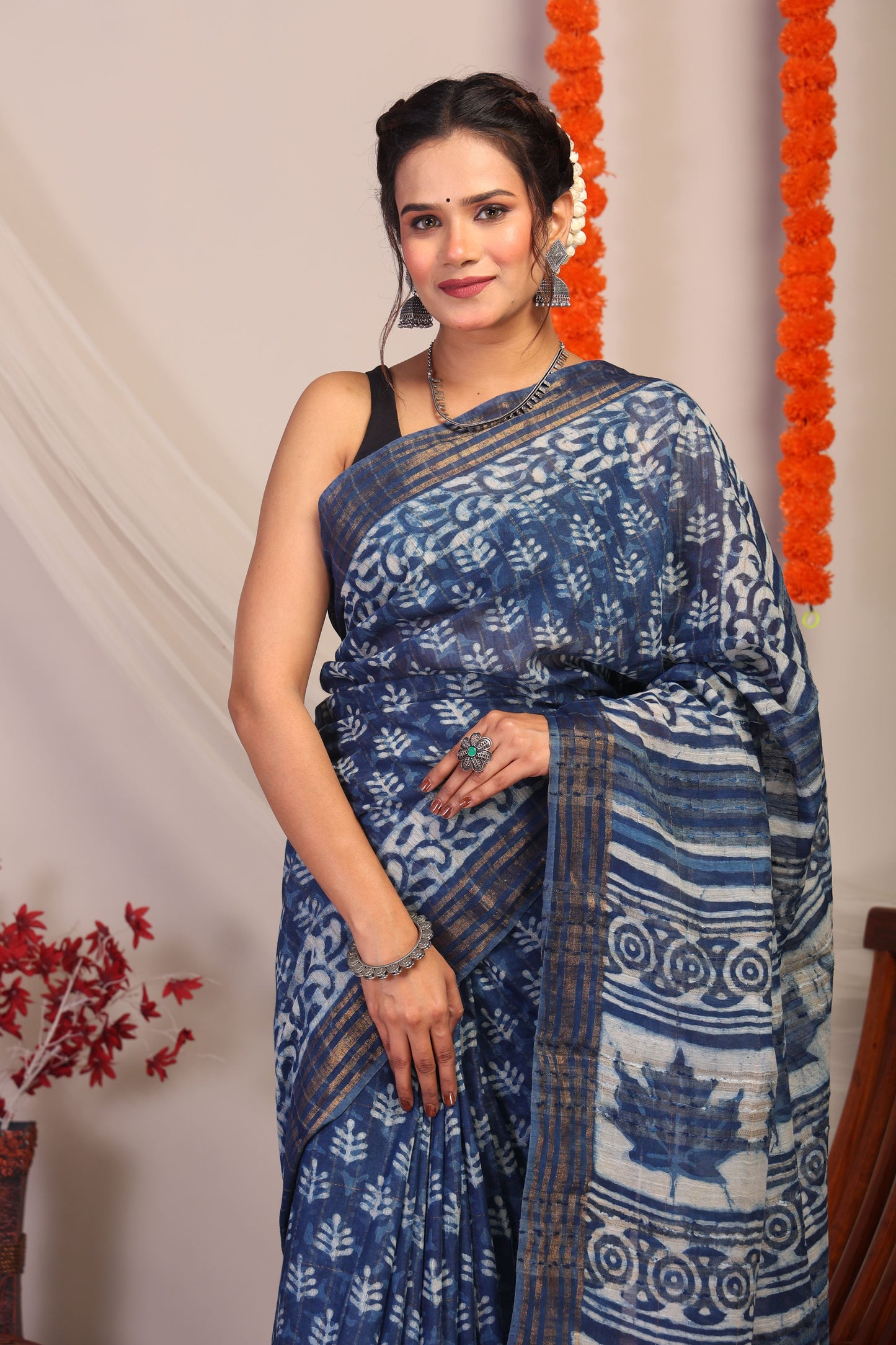 Anuttara Bhagalpuri Indigo Blue Cotton Silk Floral/Stripe Saree with Unstitched Blouse_AFS1179-FS