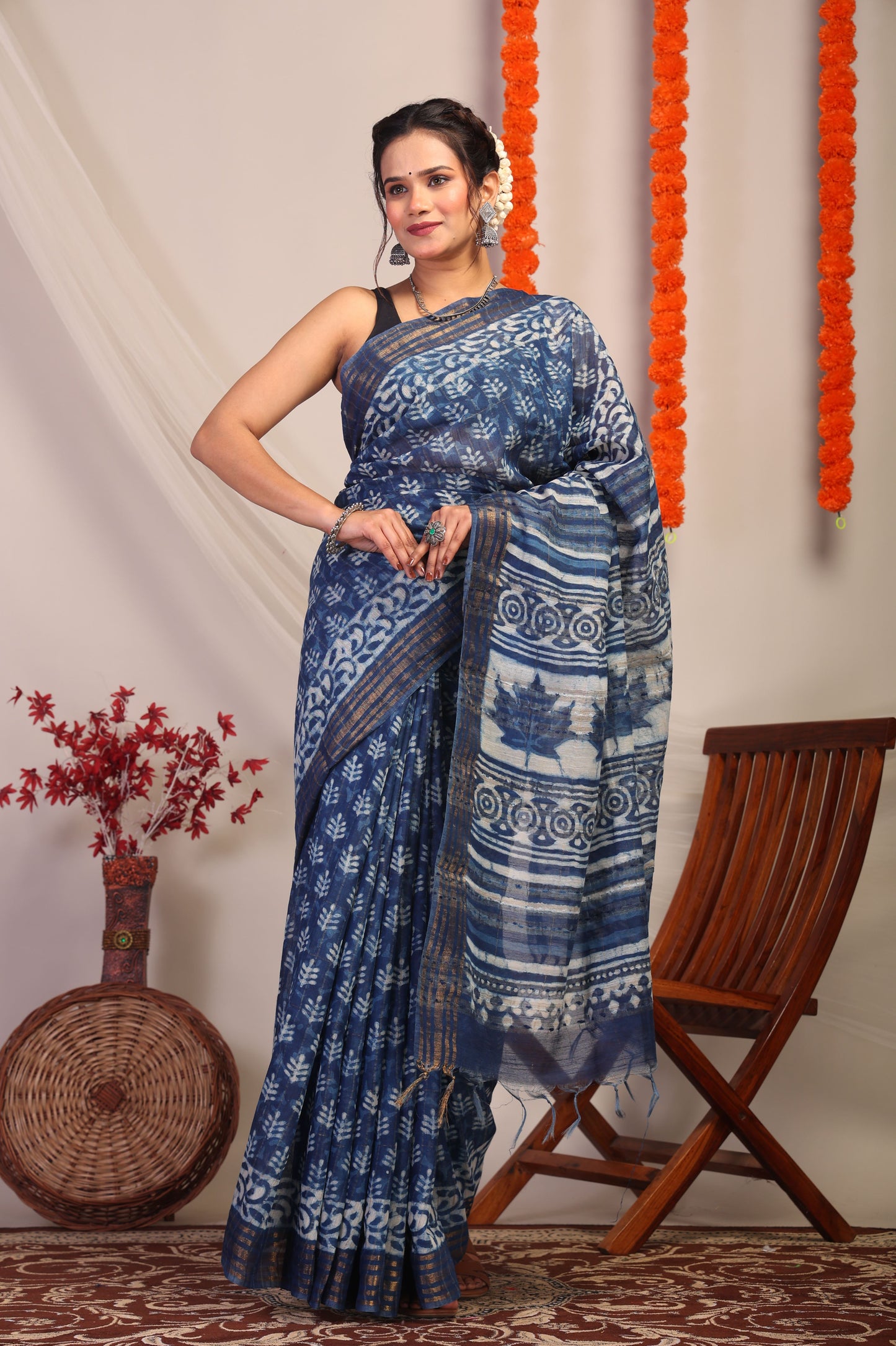 Anuttara Bhagalpuri Indigo Blue Cotton Silk Floral/Stripe Saree with Unstitched Blouse_AFS1179-FS