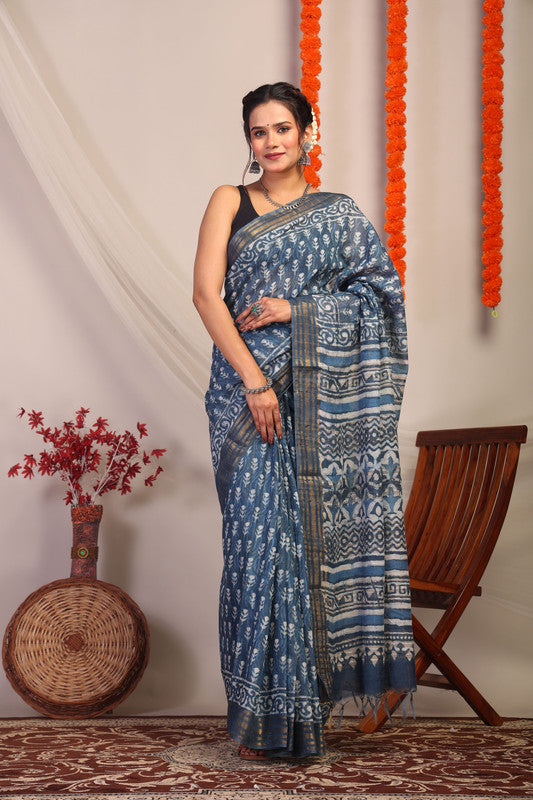 Anuttara Bhagalpuri Blue Cotton Silk Floral/Zig-Zag Saree with Unstitched Blouse_AFS1180-FS