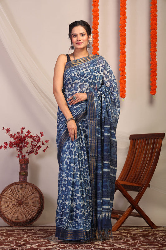 Anuttara Bhagalpuri Indigo Blue Cotton Silk Floral/Stripe Saree with Unstitched Blouse_AFS1182-FS