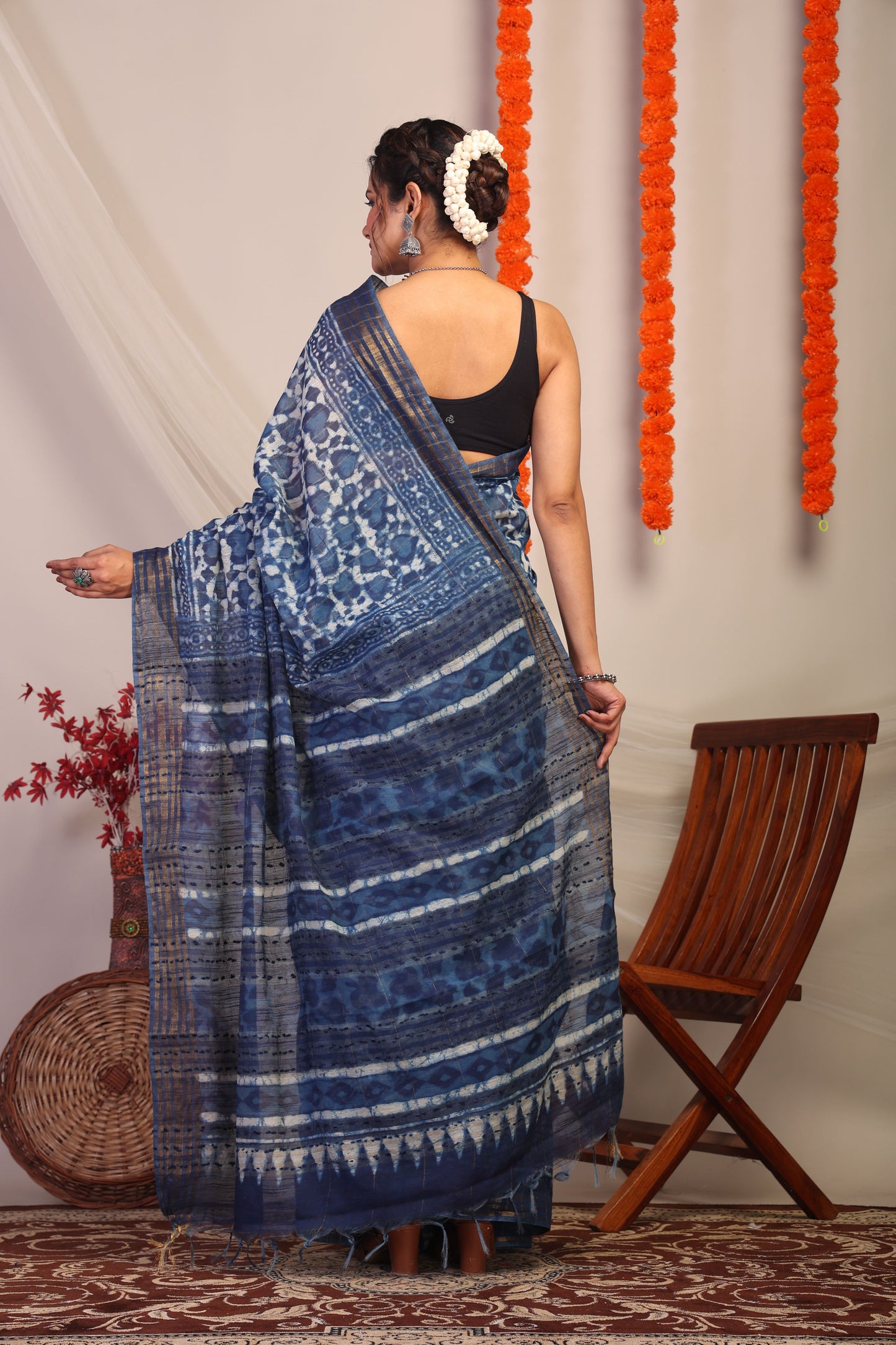 Anuttara Bhagalpuri Indigo Blue Cotton Silk Floral/Stripe Saree with Unstitched Blouse_AFS1182-FS