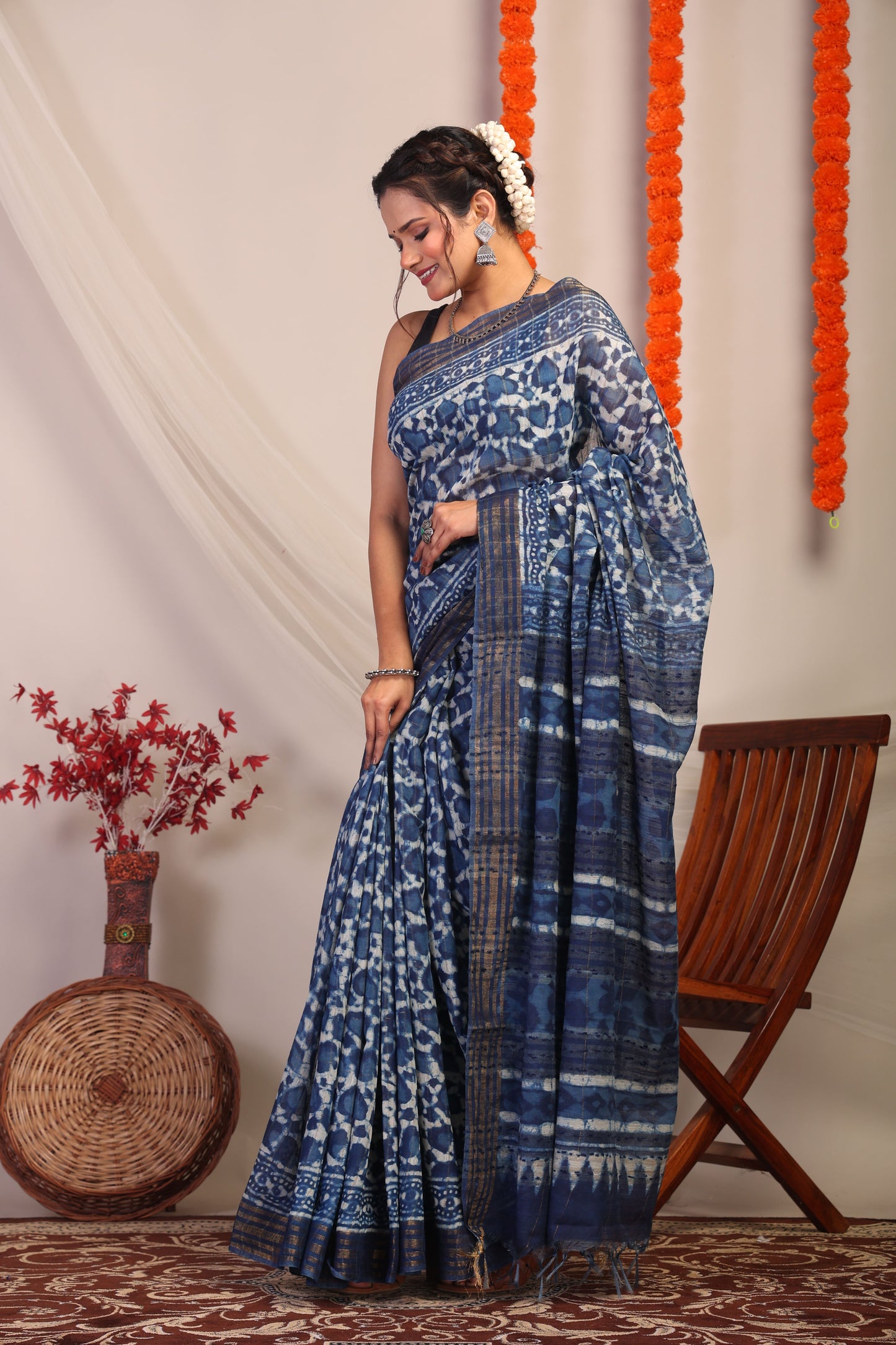 Anuttara Bhagalpuri Indigo Blue Cotton Silk Floral/Stripe Saree with Unstitched Blouse_AFS1182-FS
