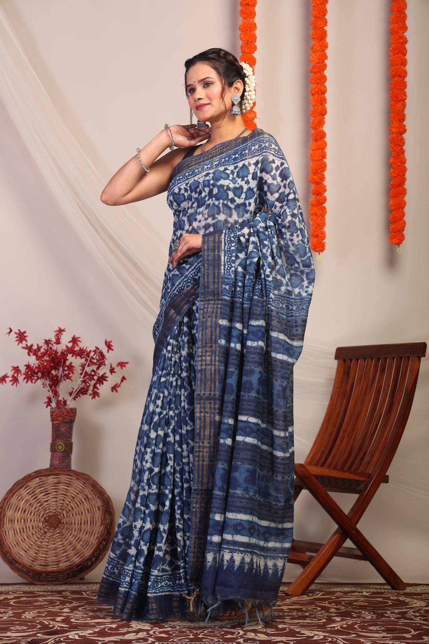 Anuttara Bhagalpuri Indigo Blue Cotton Silk Floral/Stripe Saree with Unstitched Blouse_AFS1182-FS