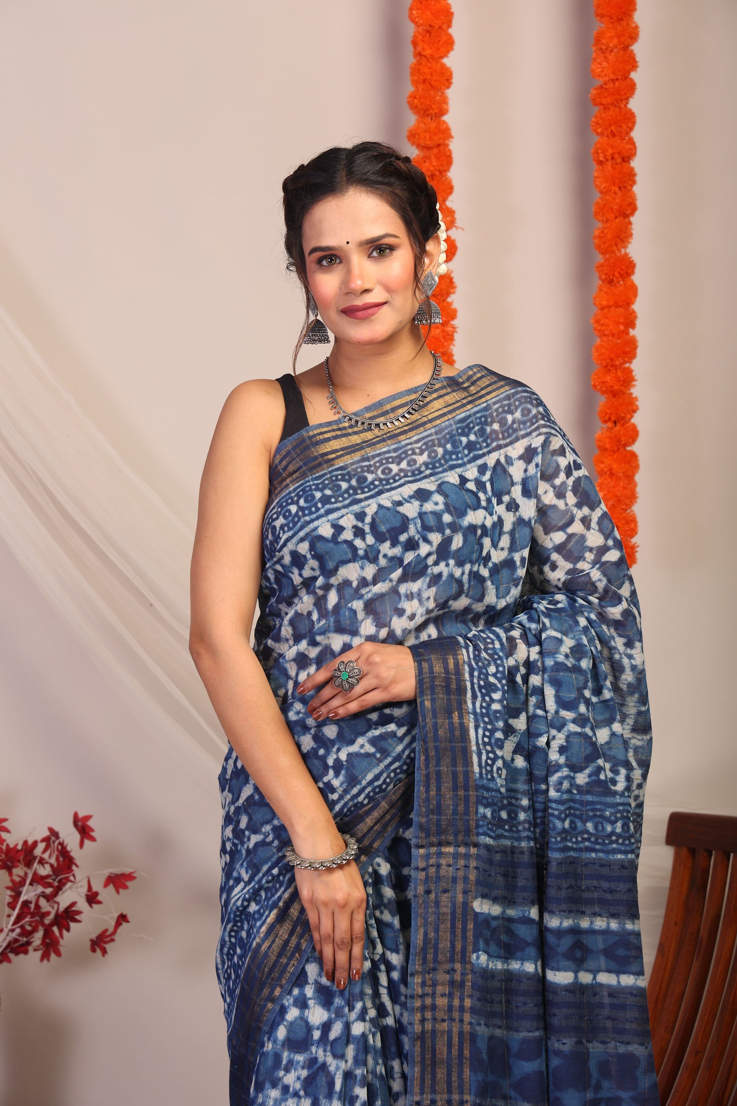 Anuttara Bhagalpuri Indigo Blue Cotton Silk Floral/Stripe Saree with Unstitched Blouse_AFS1182-FS