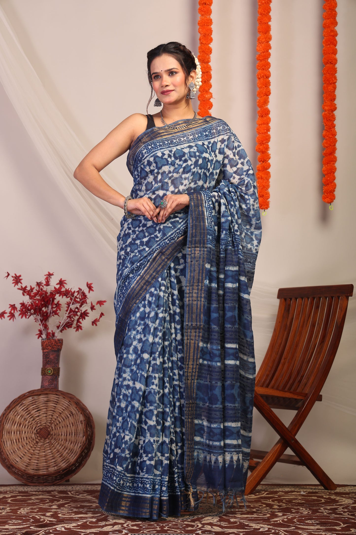 Anuttara Bhagalpuri Indigo Blue Cotton Silk Floral/Stripe Saree with Unstitched Blouse_AFS1182-FS