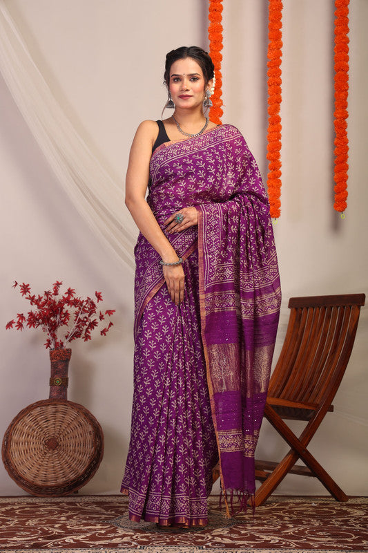 Anuttara Bhagalpuri Violet Cotton Silk Floral Saree with Unstitched Blouse_AFS1183-FS