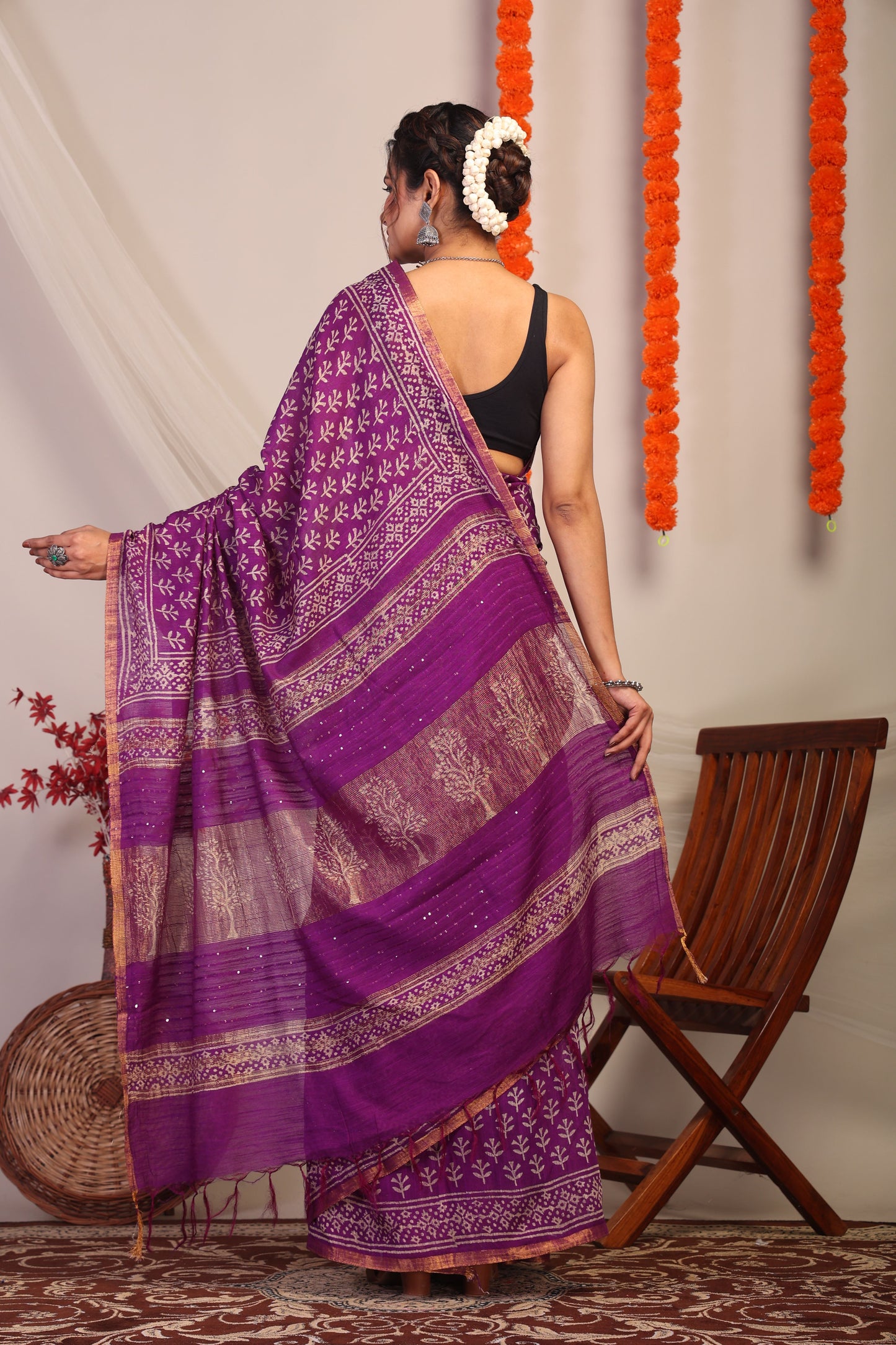 Anuttara Bhagalpuri Violet Cotton Silk Floral Saree with Unstitched Blouse_AFS1183-FS