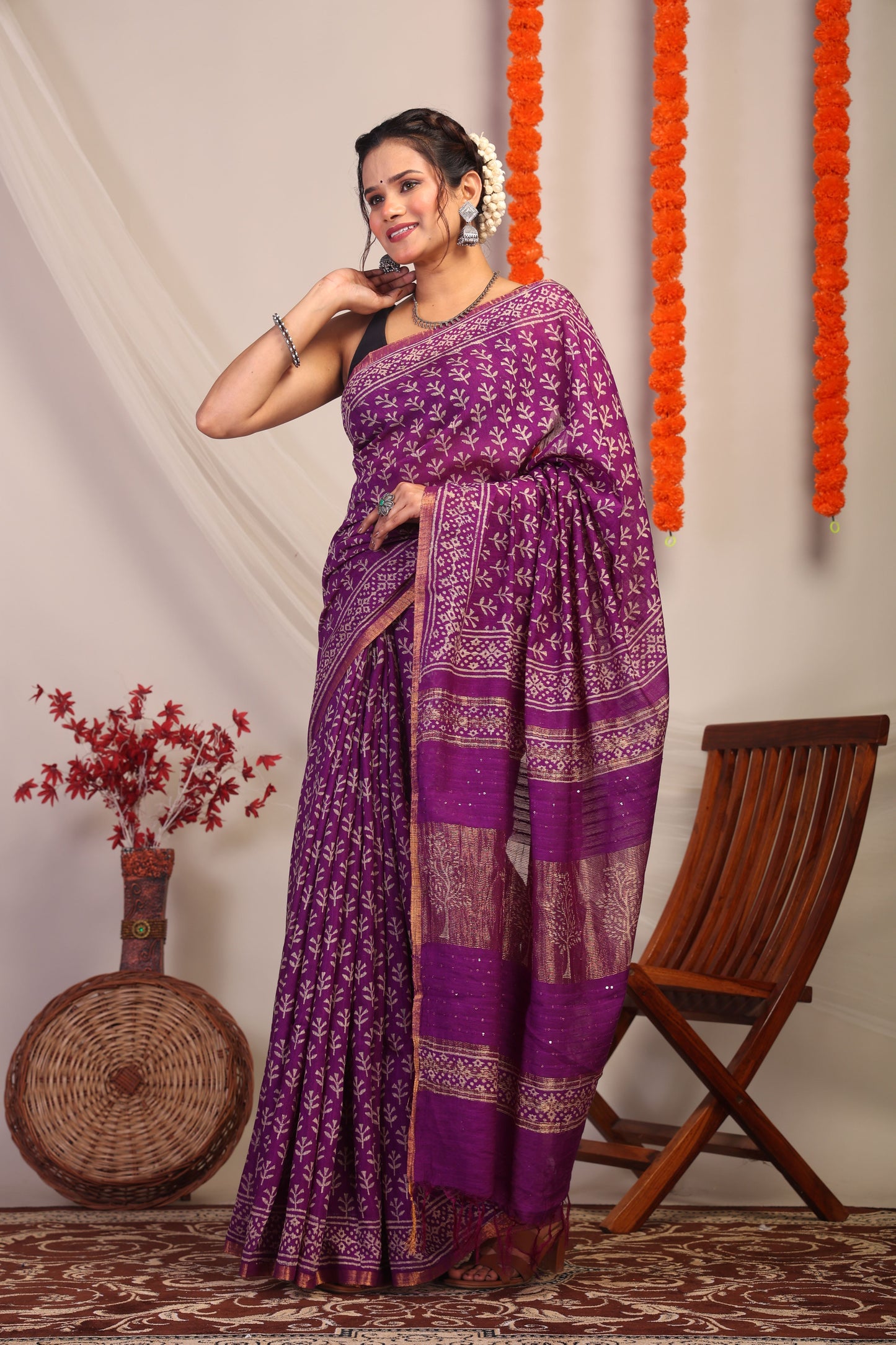Anuttara Bhagalpuri Violet Cotton Silk Floral Saree with Unstitched Blouse_AFS1183-FS