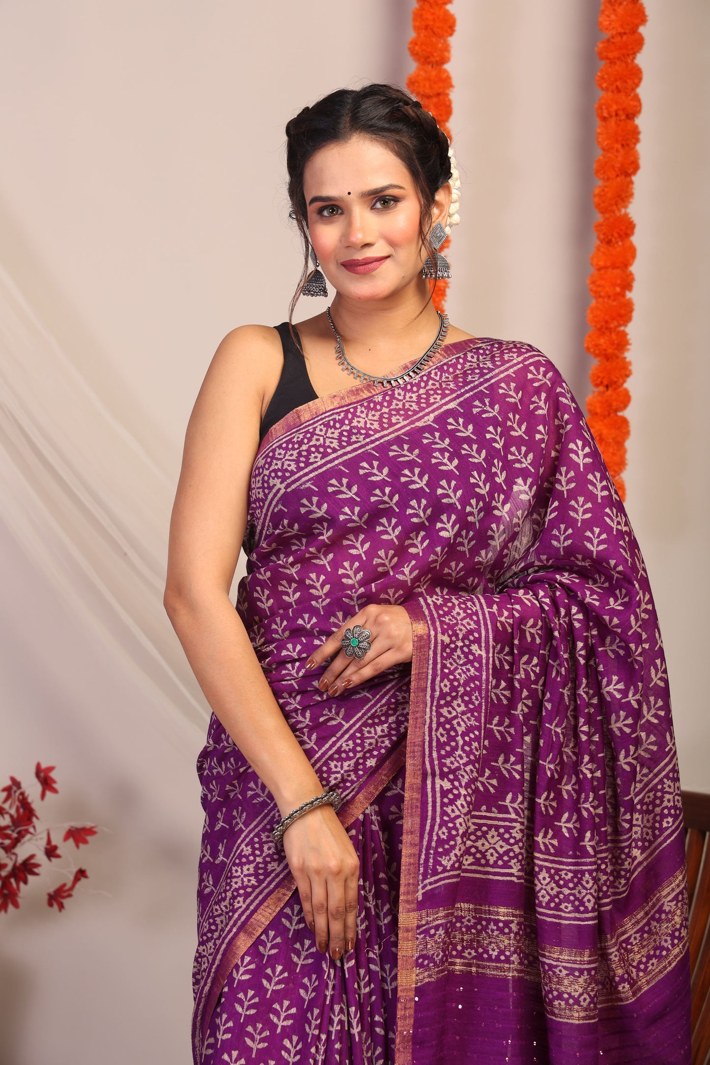 Anuttara Bhagalpuri Violet Cotton Silk Floral Saree with Unstitched Blouse_AFS1183-FS