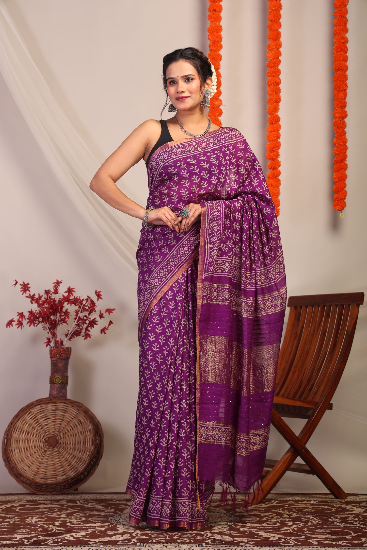 Anuttara Bhagalpuri Violet Cotton Silk Floral Saree with Unstitched Blouse_AFS1183-FS