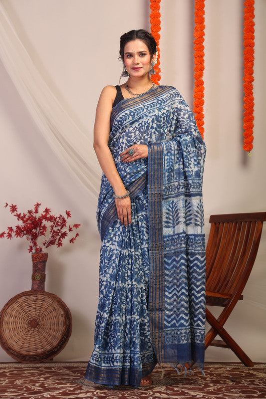 Anuttara Bhagalpuri Indigo Blue Cotton Silk Floral/Zig-Zag Saree with Unstitched Blouse_AFS1184-FS