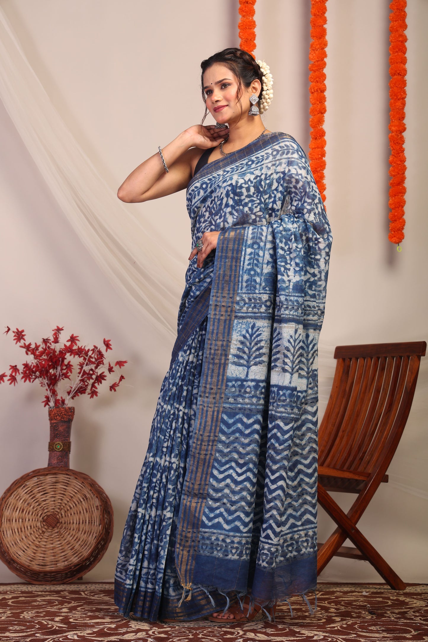 Anuttara Bhagalpuri Indigo Blue Cotton Silk Floral/Zig-Zag Saree with Unstitched Blouse_AFS1184-FS