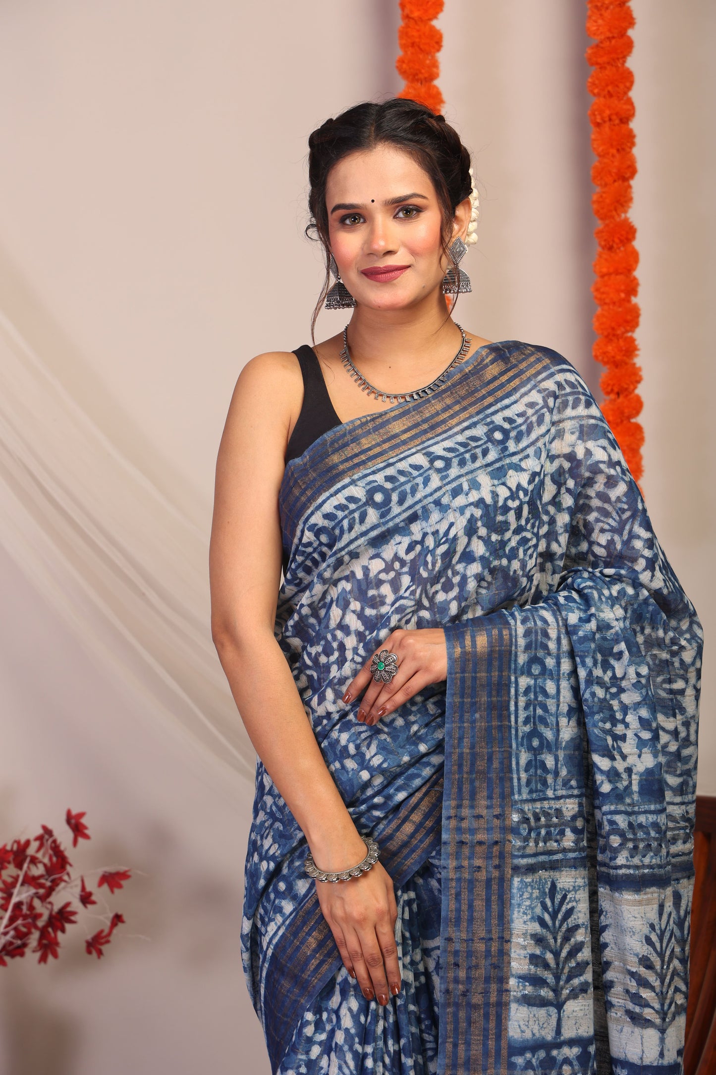 Anuttara Bhagalpuri Indigo Blue Cotton Silk Floral/Zig-Zag Saree with Unstitched Blouse_AFS1184-FS