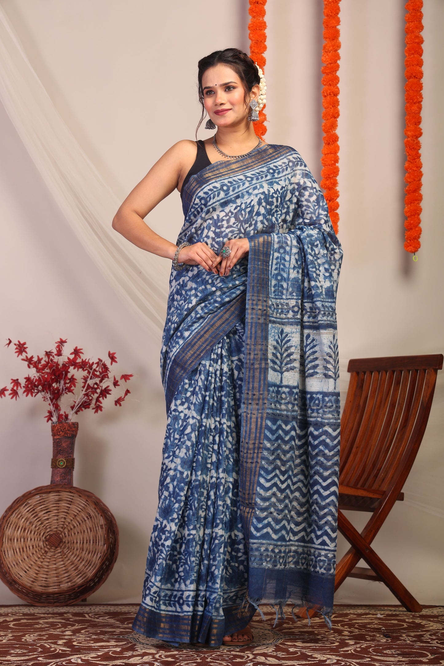 Anuttara Bhagalpuri Indigo Blue Cotton Silk Floral/Zig-Zag Saree with Unstitched Blouse_AFS1184-FS