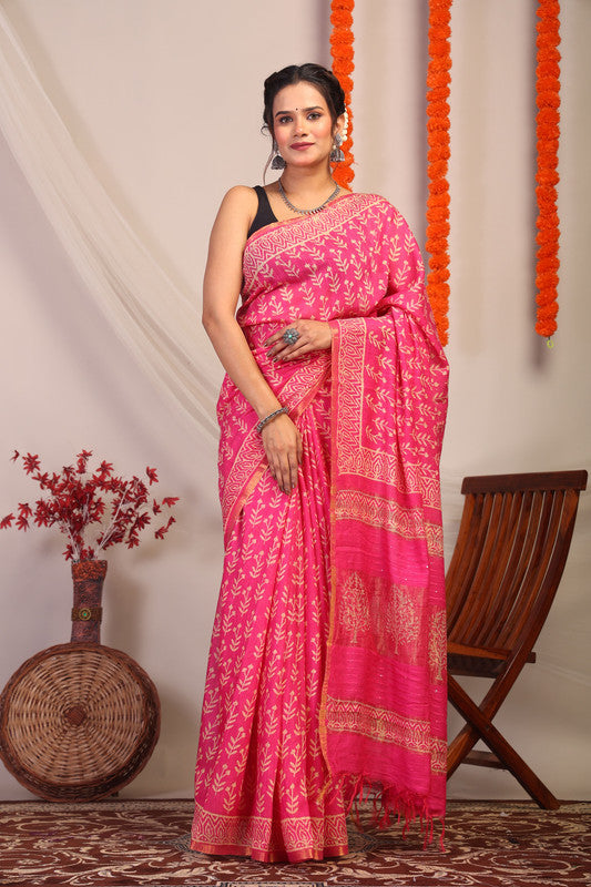 Anuttara Bhagalpuri Rani Pink Cotton Silk Floral Saree with Unstitched Blouse_AFS1185-FS