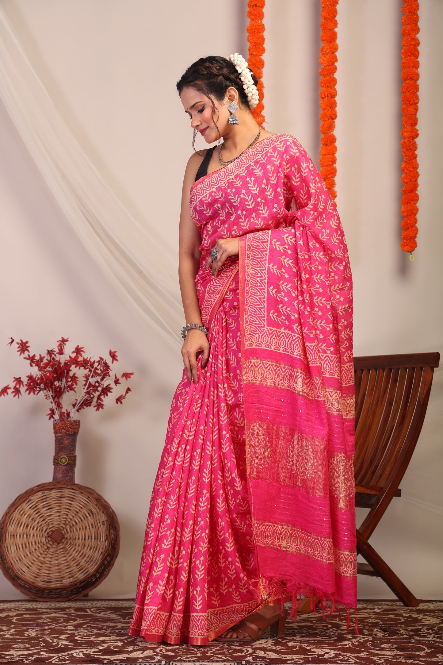 Anuttara Bhagalpuri Rani Pink Cotton Silk Floral Saree with Unstitched Blouse_AFS1185-FS