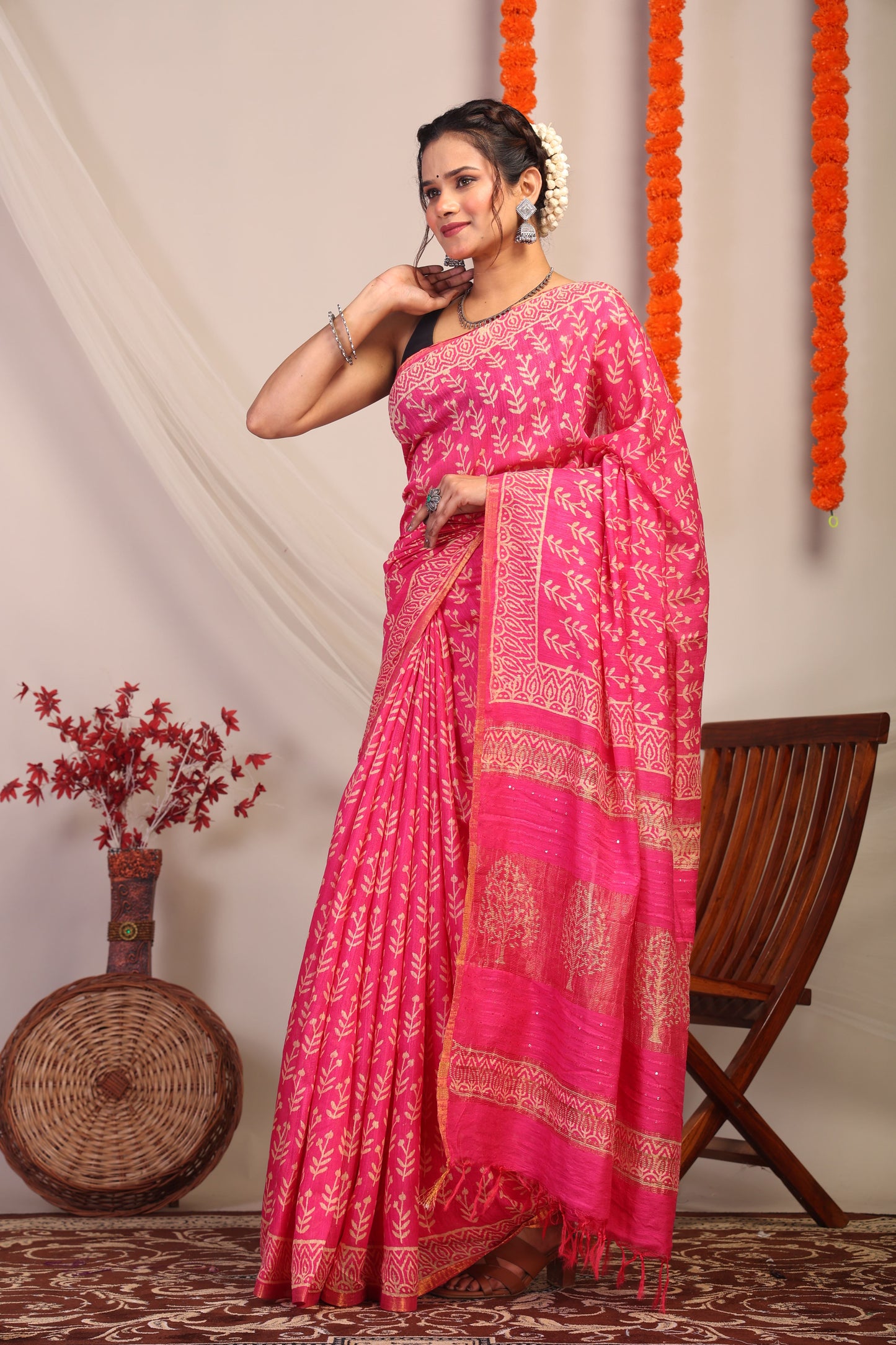 Anuttara Bhagalpuri Rani Pink Cotton Silk Floral Saree with Unstitched Blouse_AFS1185-FS