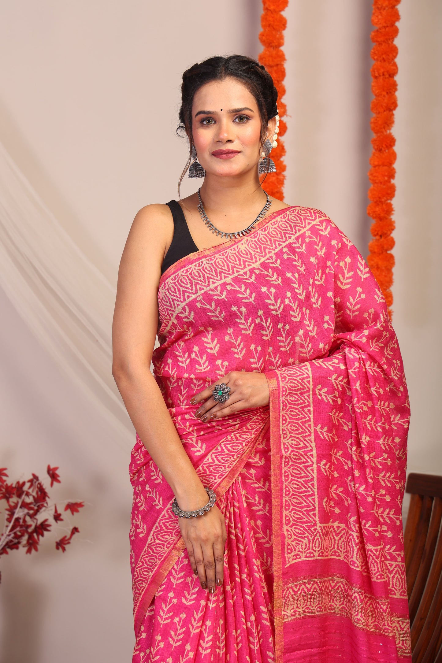 Anuttara Bhagalpuri Rani Pink Cotton Silk Floral Saree with Unstitched Blouse_AFS1185-FS