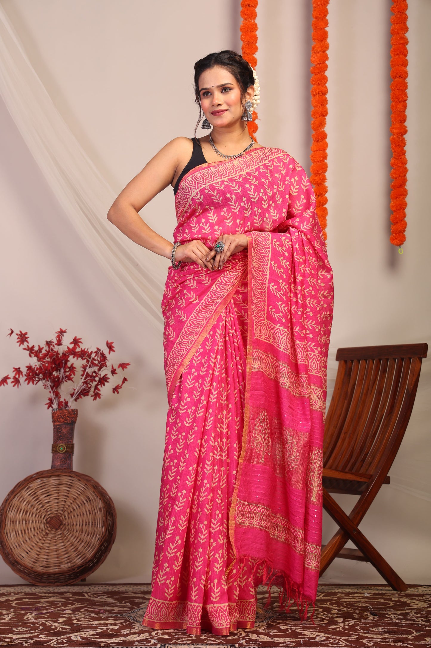 Anuttara Bhagalpuri Rani Pink Cotton Silk Floral Saree with Unstitched Blouse_AFS1185-FS
