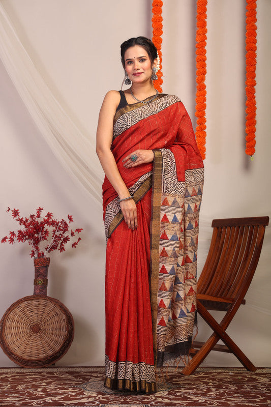 Anuttara Bhagalpuri Red & Multicolor Cotton Silk Geometric Saree with Unstitched Blouse_AFS1187-FS