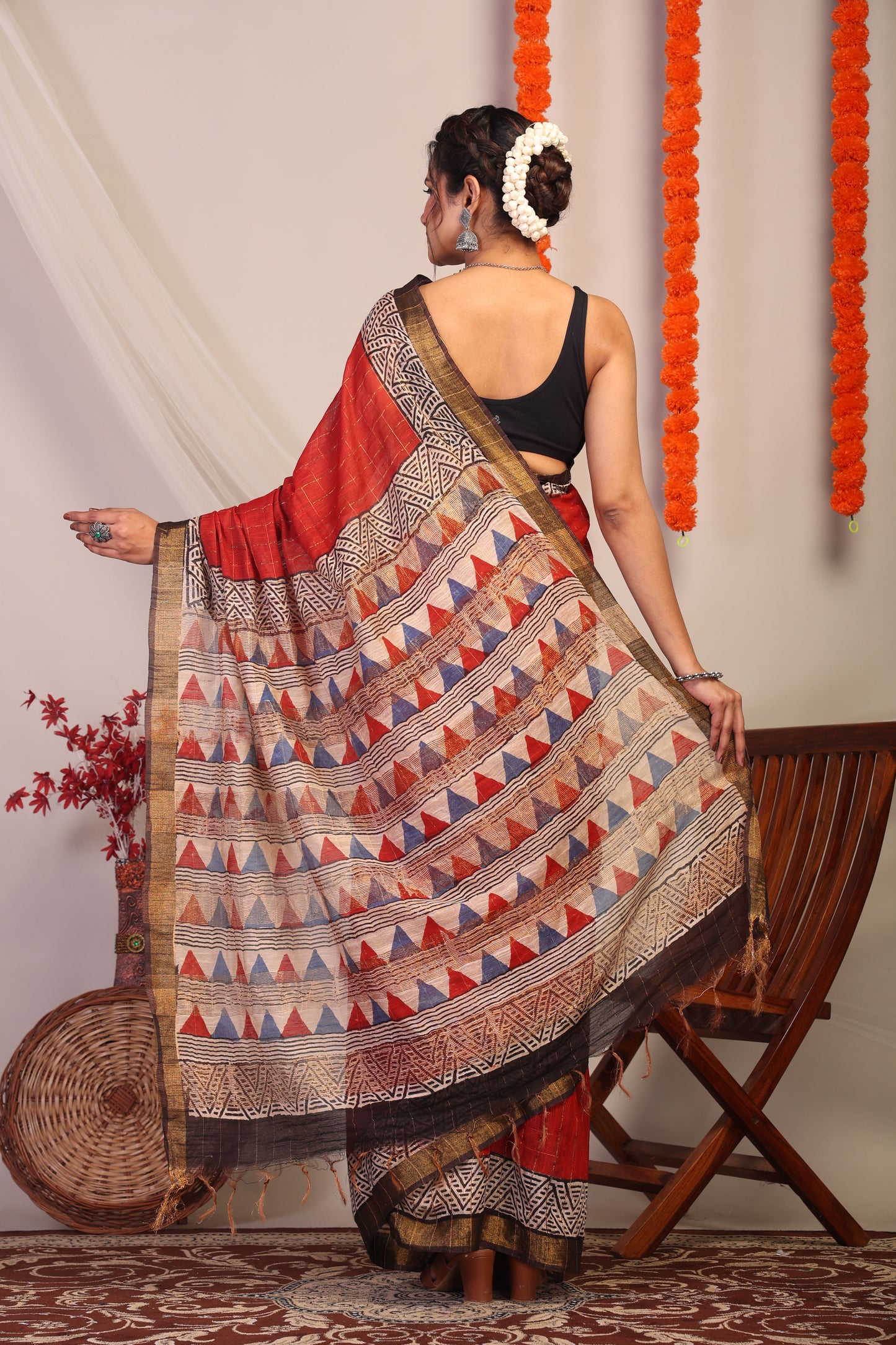 Anuttara Bhagalpuri Red & Multicolor Cotton Silk Geometric Saree with Unstitched Blouse_AFS1187-FS