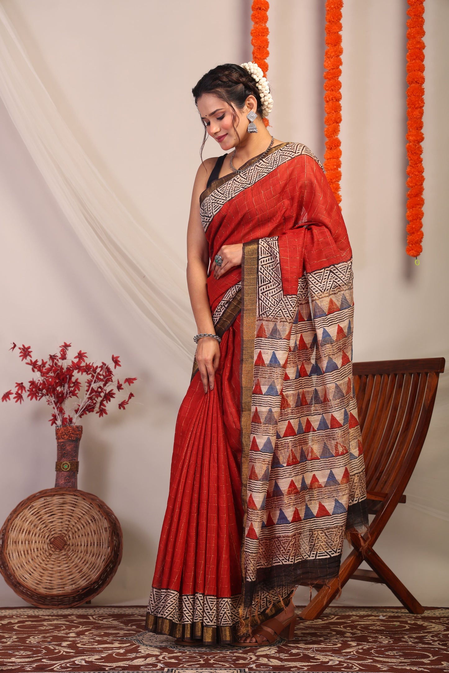 Anuttara Bhagalpuri Red & Multicolor Cotton Silk Geometric Saree with Unstitched Blouse_AFS1187-FS