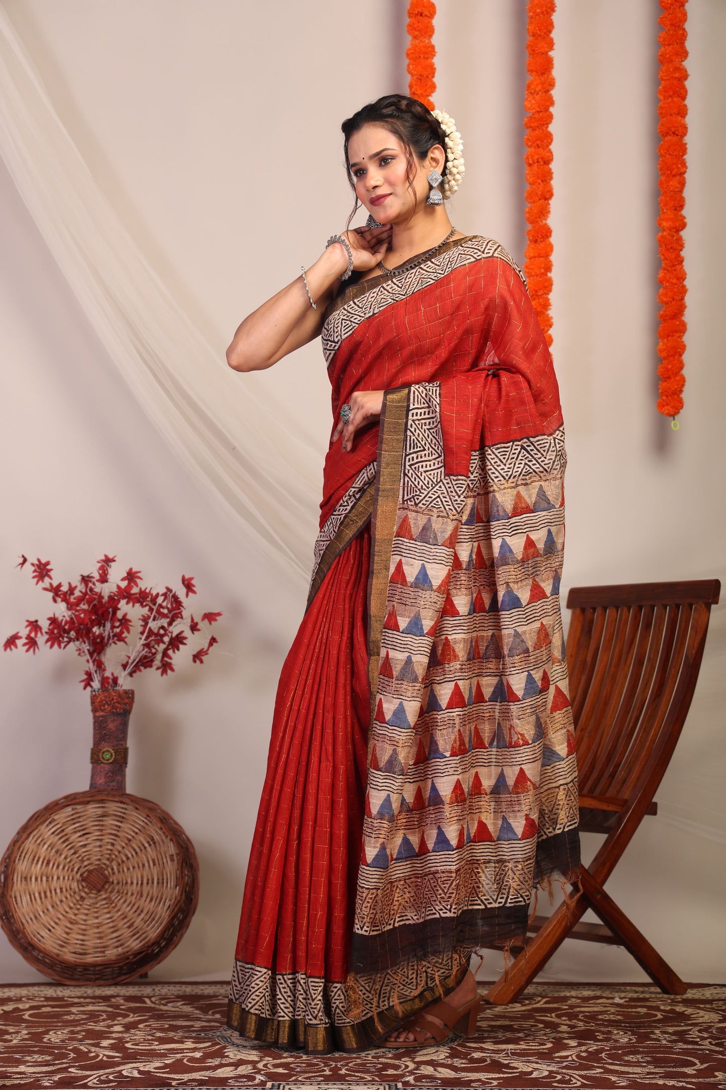 Anuttara Bhagalpuri Red & Multicolor Cotton Silk Geometric Saree with Unstitched Blouse_AFS1187-FS