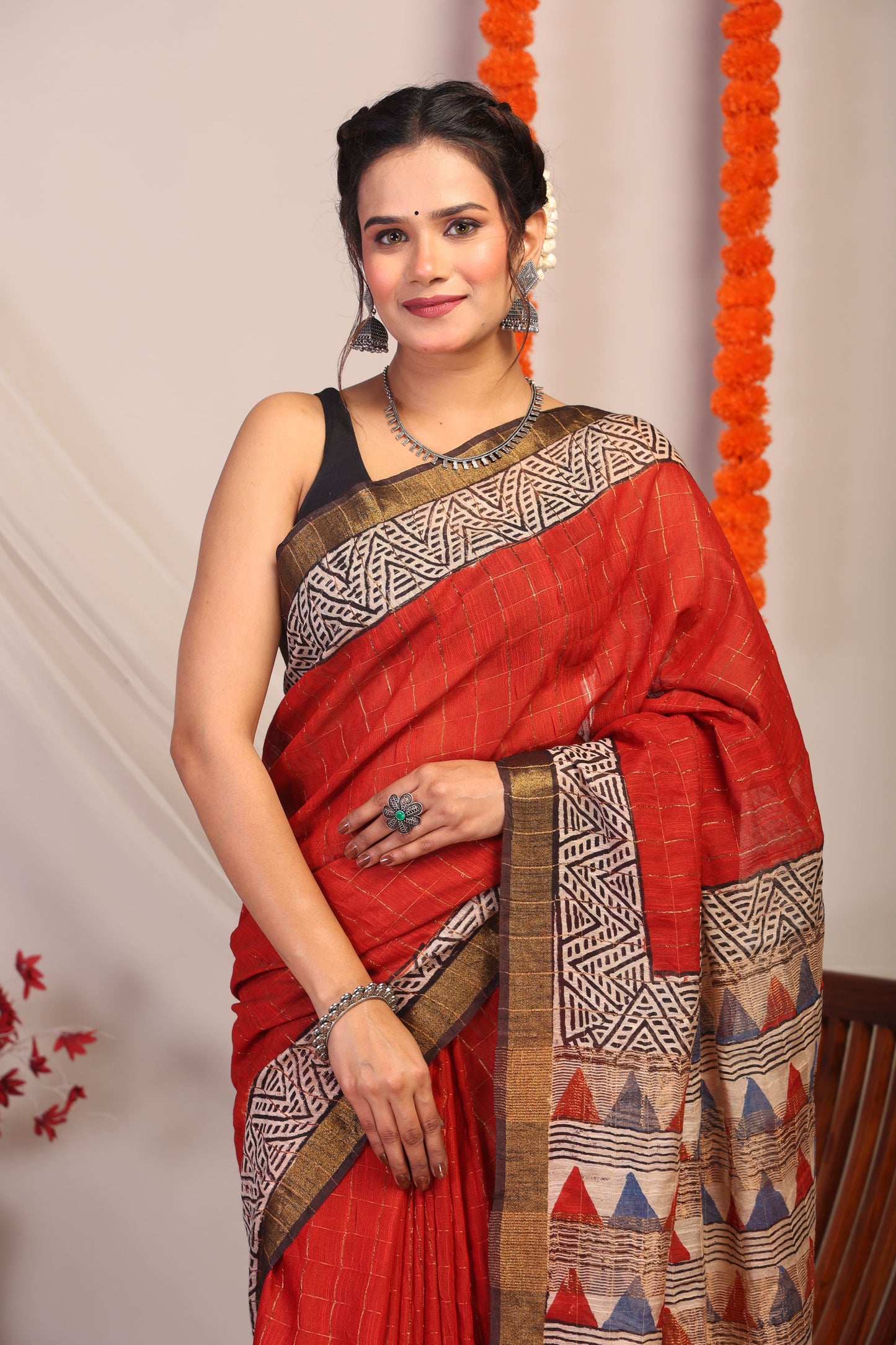 Anuttara Bhagalpuri Red & Multicolor Cotton Silk Geometric Saree with Unstitched Blouse_AFS1187-FS