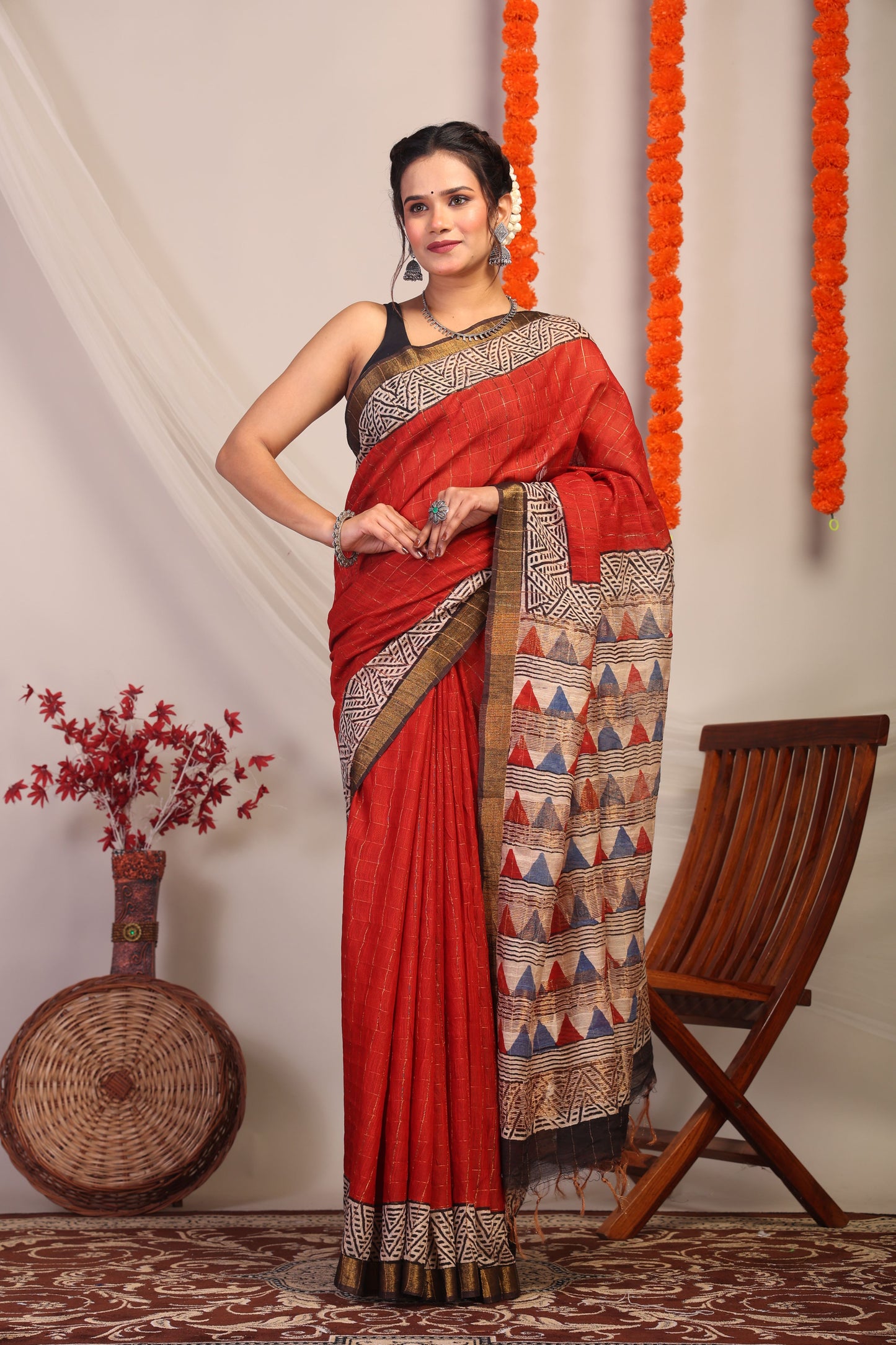 Anuttara Bhagalpuri Red & Multicolor Cotton Silk Geometric Saree with Unstitched Blouse_AFS1187-FS