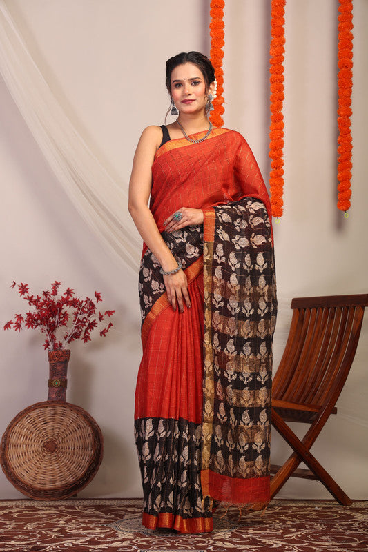 Anuttara Bhagalpuri Red & Black Cotton Silk Paisley Saree with Unstitched Blouse_AFS1188-FS