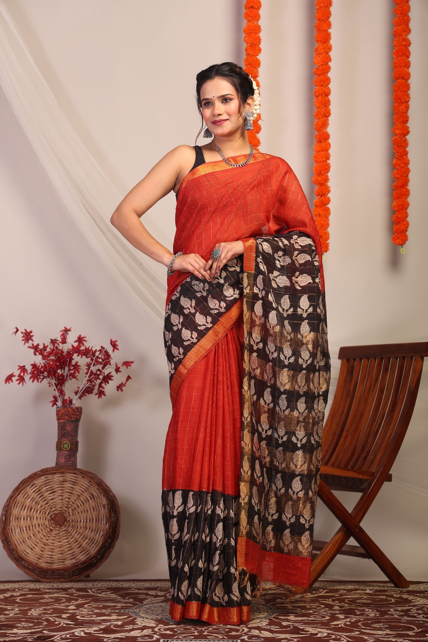 Anuttara Bhagalpuri Red & Black Cotton Silk Paisley Saree with Unstitched Blouse_AFS1188-FS