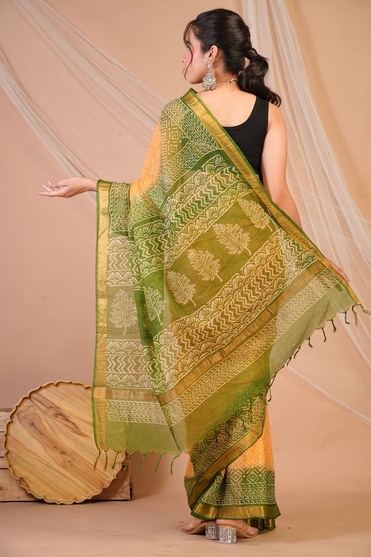 Anuttara Bhagalpuri Yellow::Green Kota Doria Floral, Geometric Saree with Unstitched Blouse_AFS1340-FS