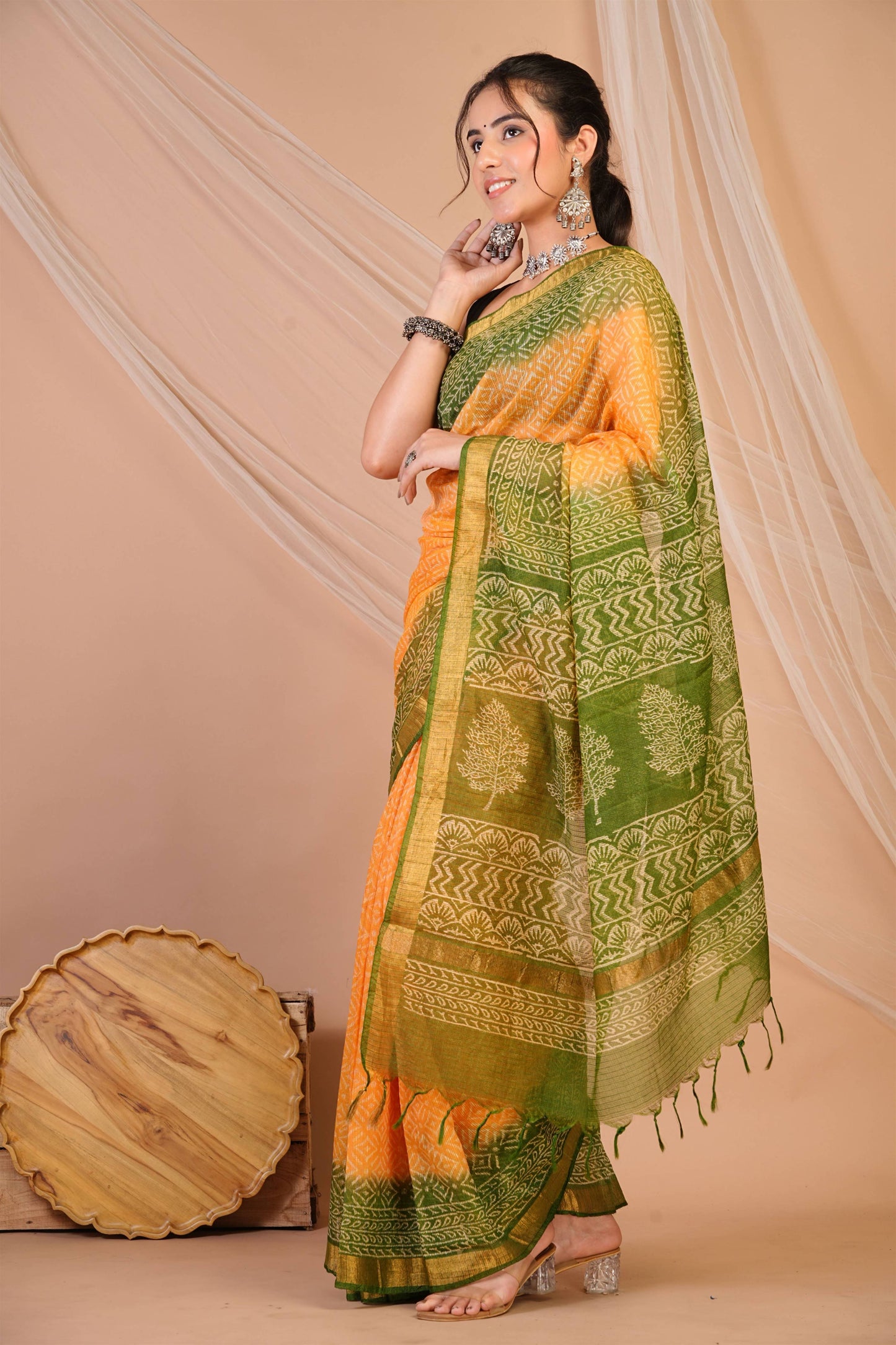 Anuttara Bhagalpuri Yellow::Green Kota Doria Floral, Geometric Saree with Unstitched Blouse_AFS1340-FS