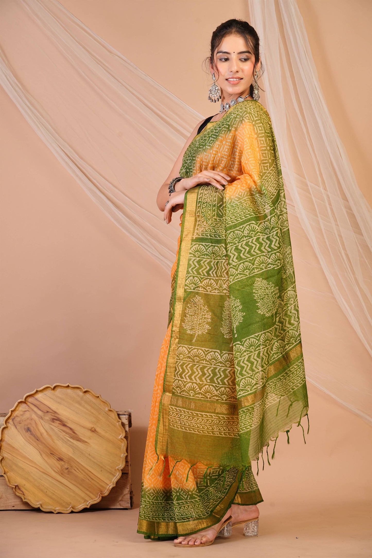 Anuttara Bhagalpuri Yellow::Green Kota Doria Floral, Geometric Saree with Unstitched Blouse_AFS1340-FS