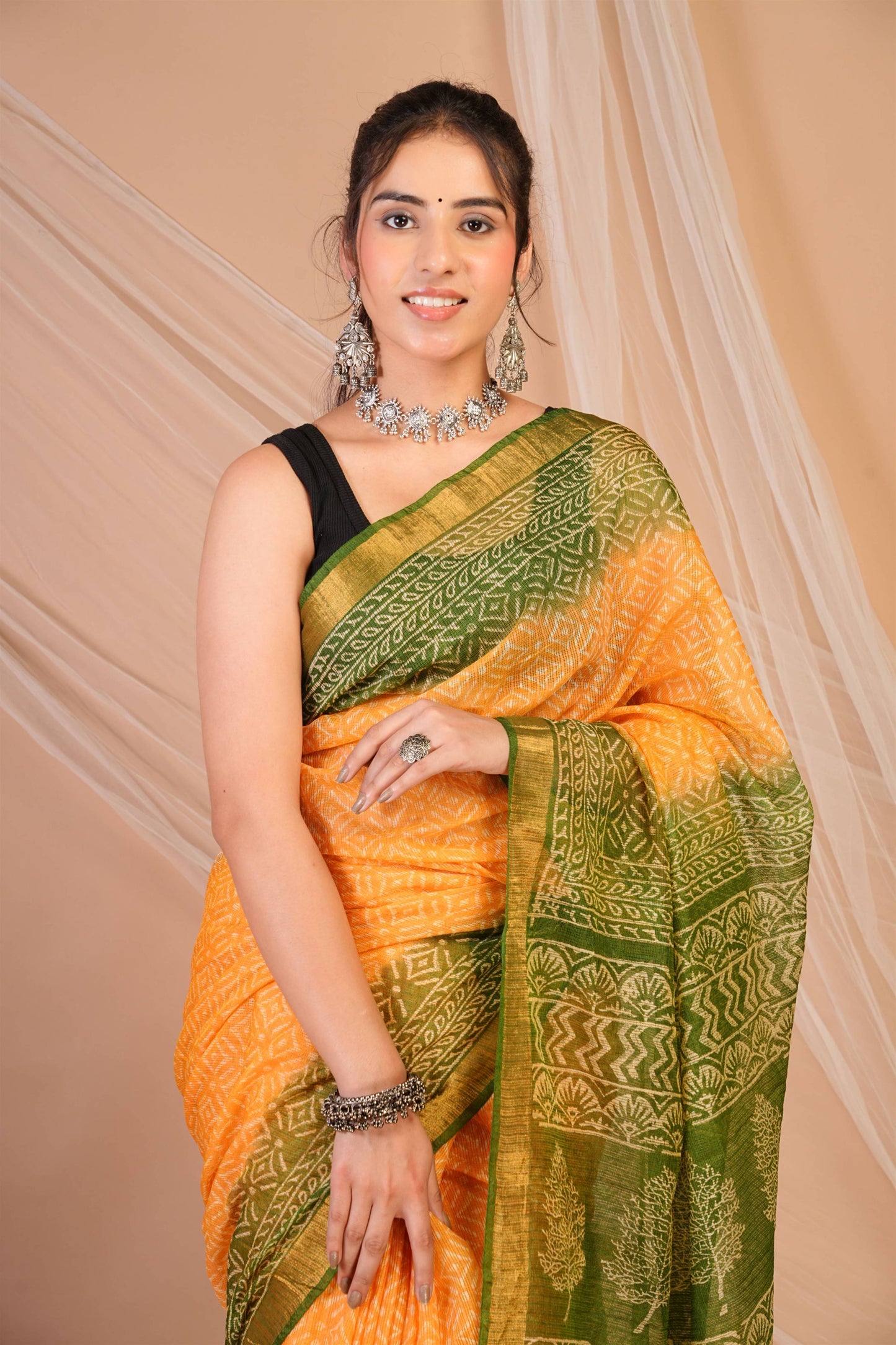 Anuttara Bhagalpuri Yellow::Green Kota Doria Floral, Geometric Saree with Unstitched Blouse_AFS1340-FS
