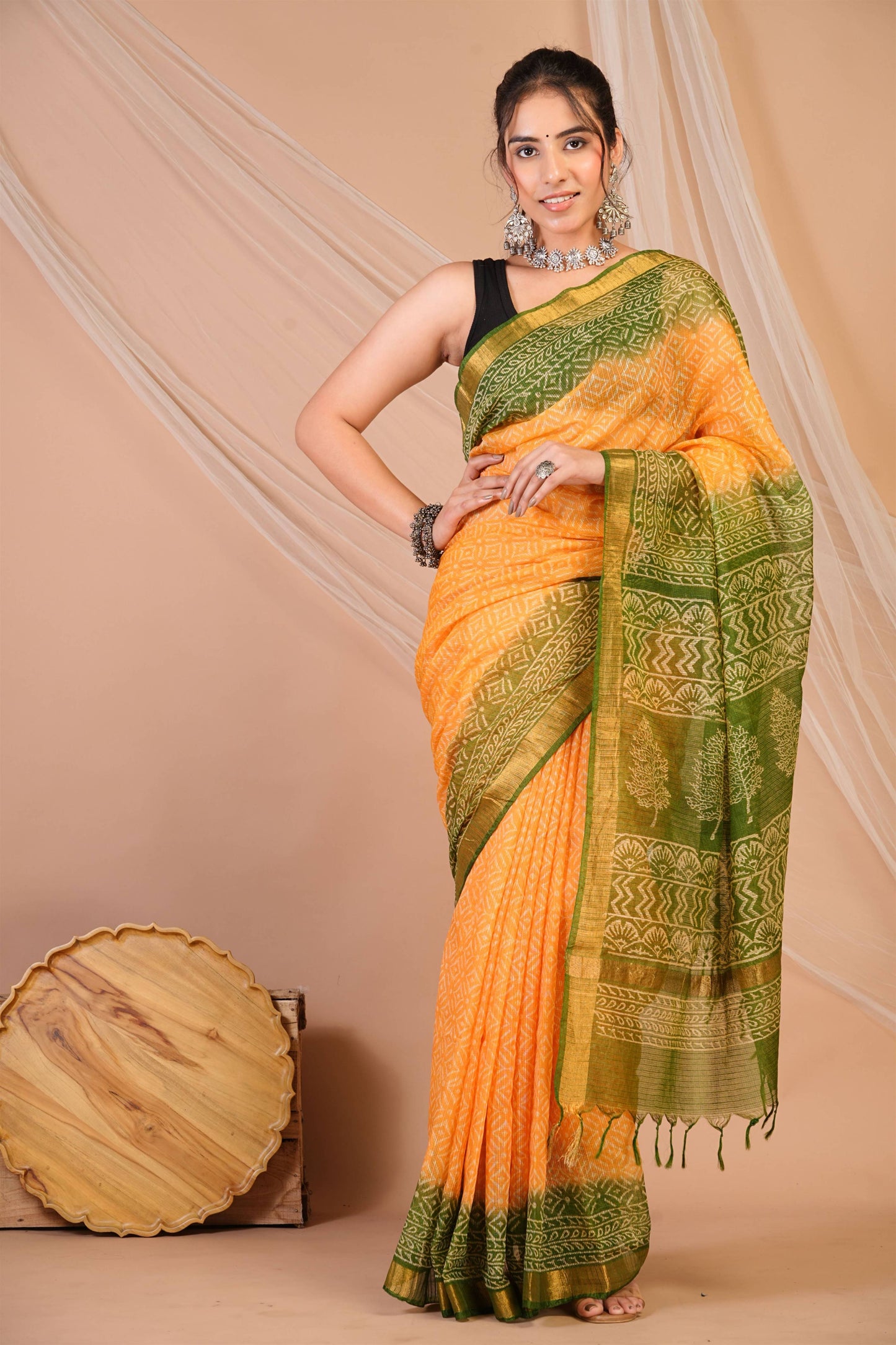 Anuttara Bhagalpuri Yellow::Green Kota Doria Floral, Geometric Saree with Unstitched Blouse_AFS1340-FS