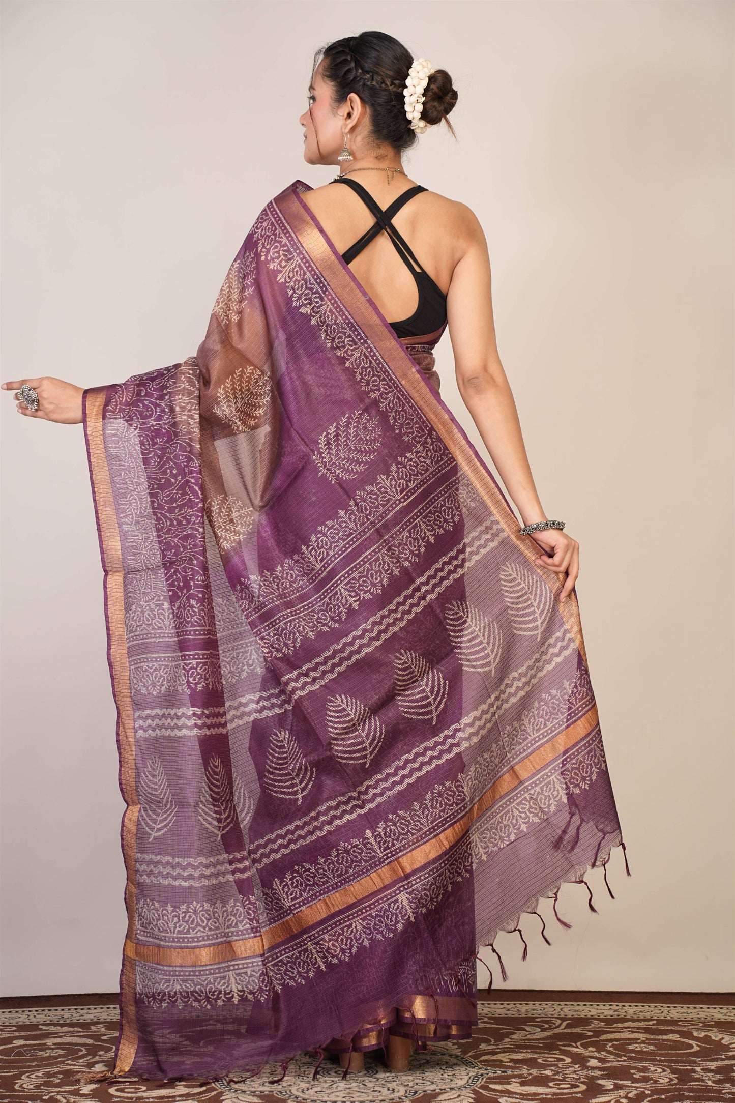 Anuttara Bhagalpuri Brown::Violet Kota Doria Floral Saree with Unstitched Blouse_AFS1341-FS