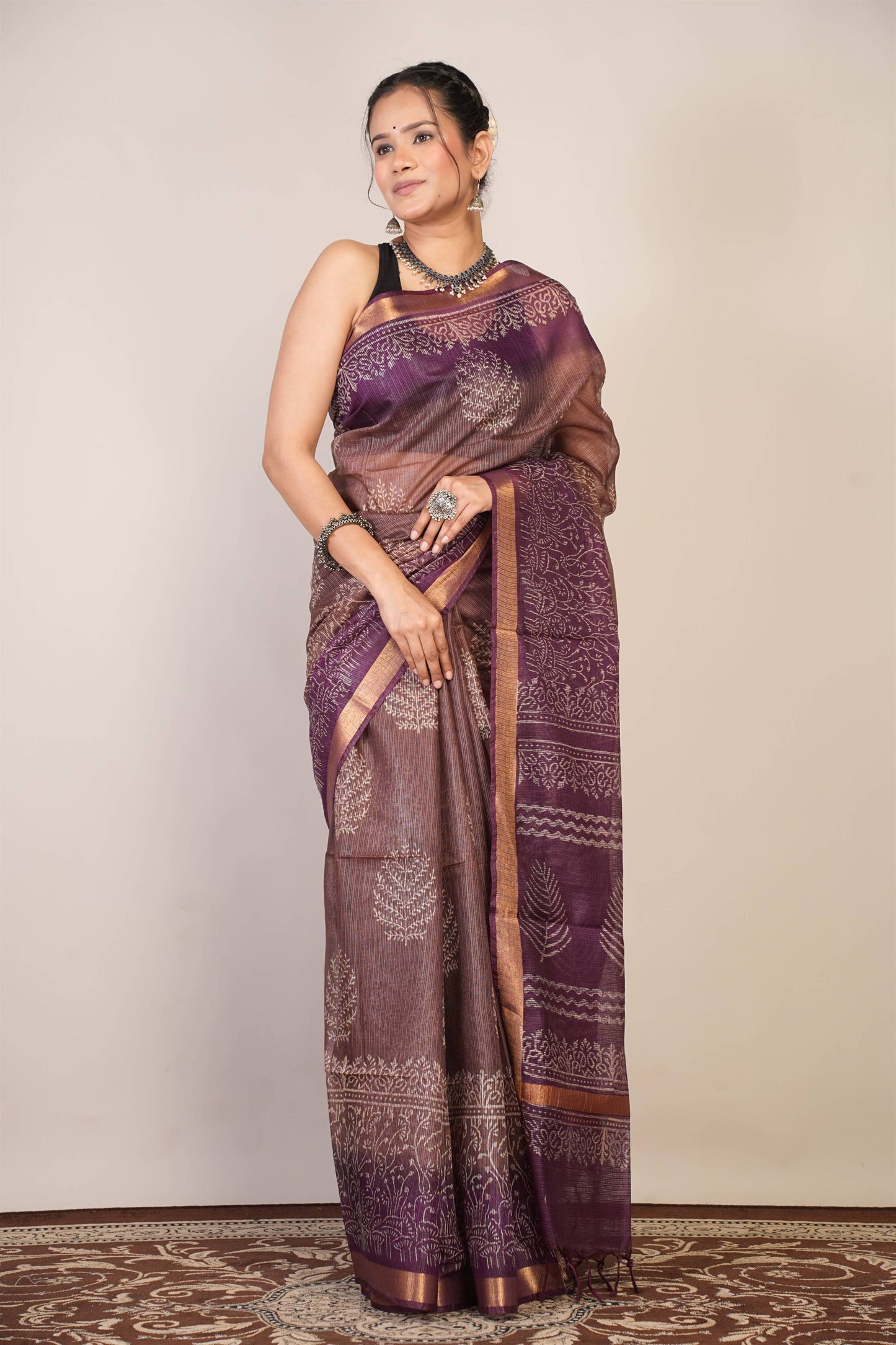 Anuttara Bhagalpuri Brown::Violet Kota Doria Floral Saree with Unstitched Blouse_AFS1341-FS