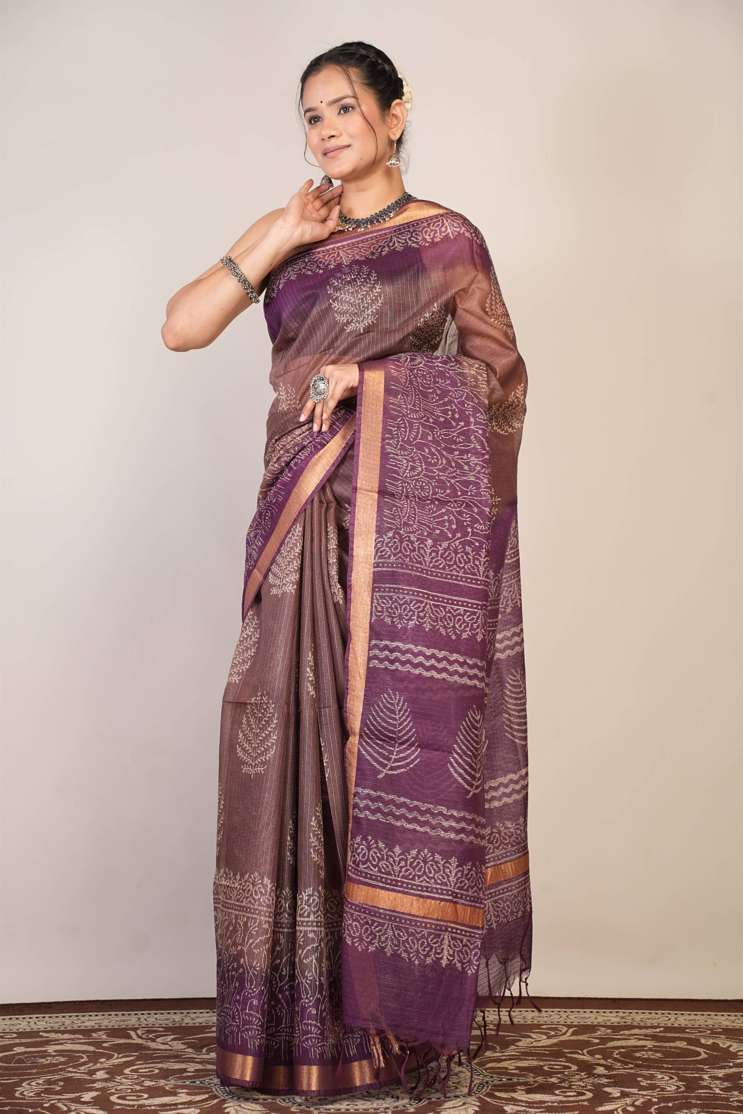 Anuttara Bhagalpuri Brown::Violet Kota Doria Floral Saree with Unstitched Blouse_AFS1341-FS