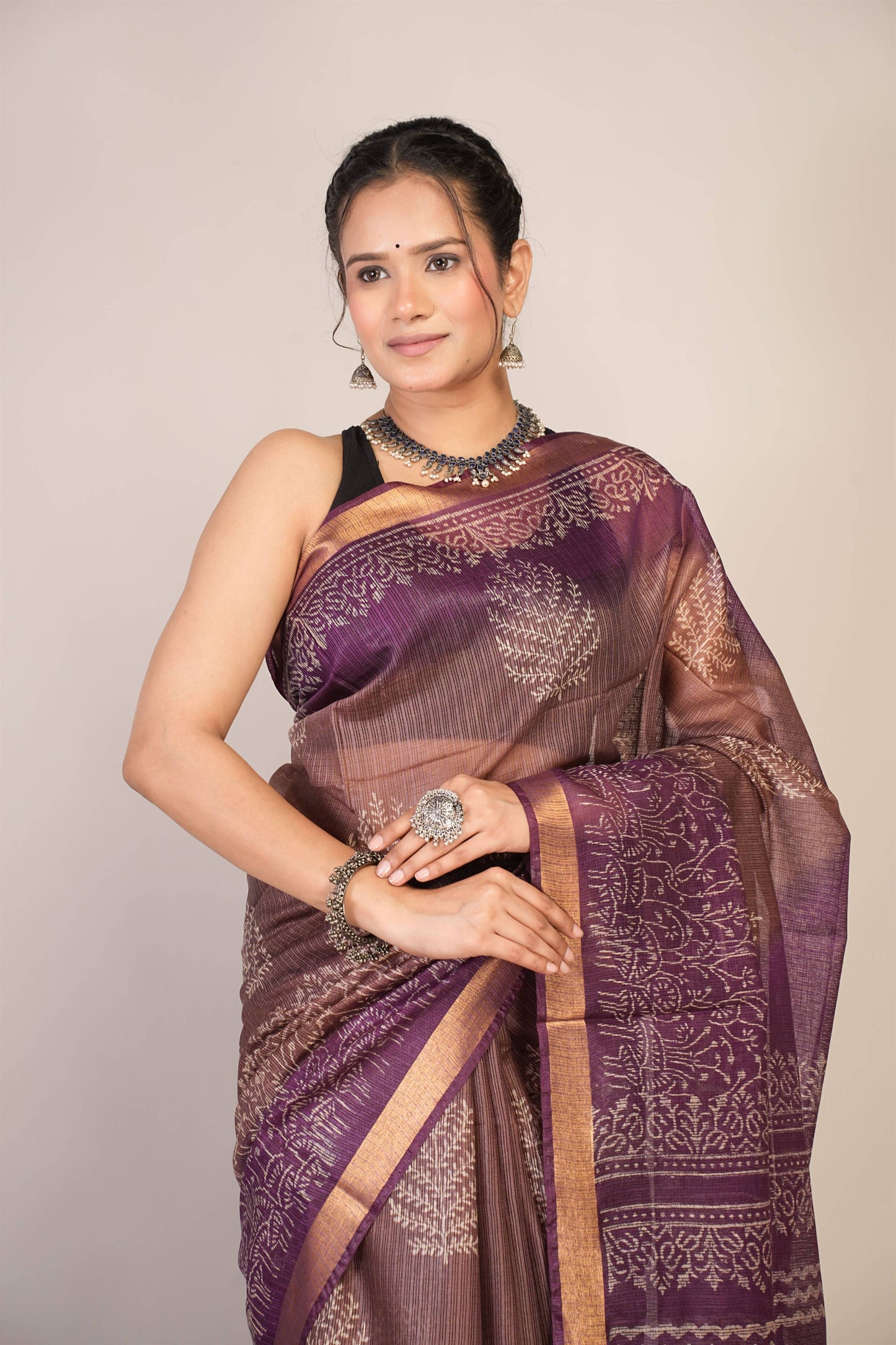 Anuttara Bhagalpuri Brown::Violet Kota Doria Floral Saree with Unstitched Blouse_AFS1341-FS