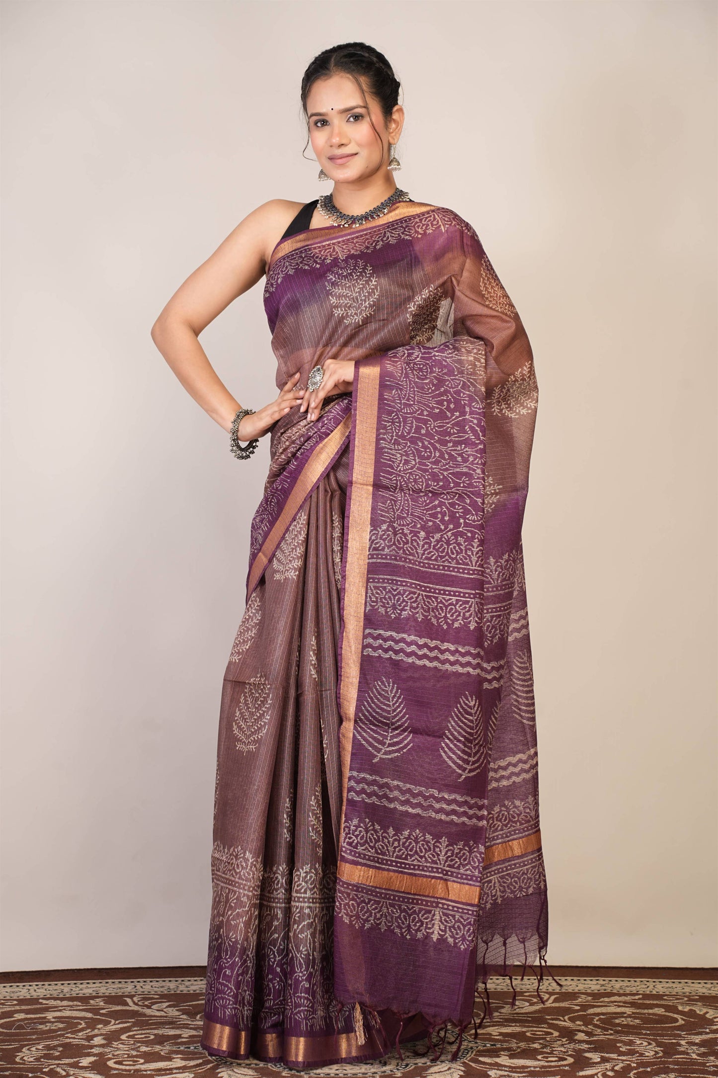 Anuttara Bhagalpuri Brown::Violet Kota Doria Floral Saree with Unstitched Blouse_AFS1341-FS